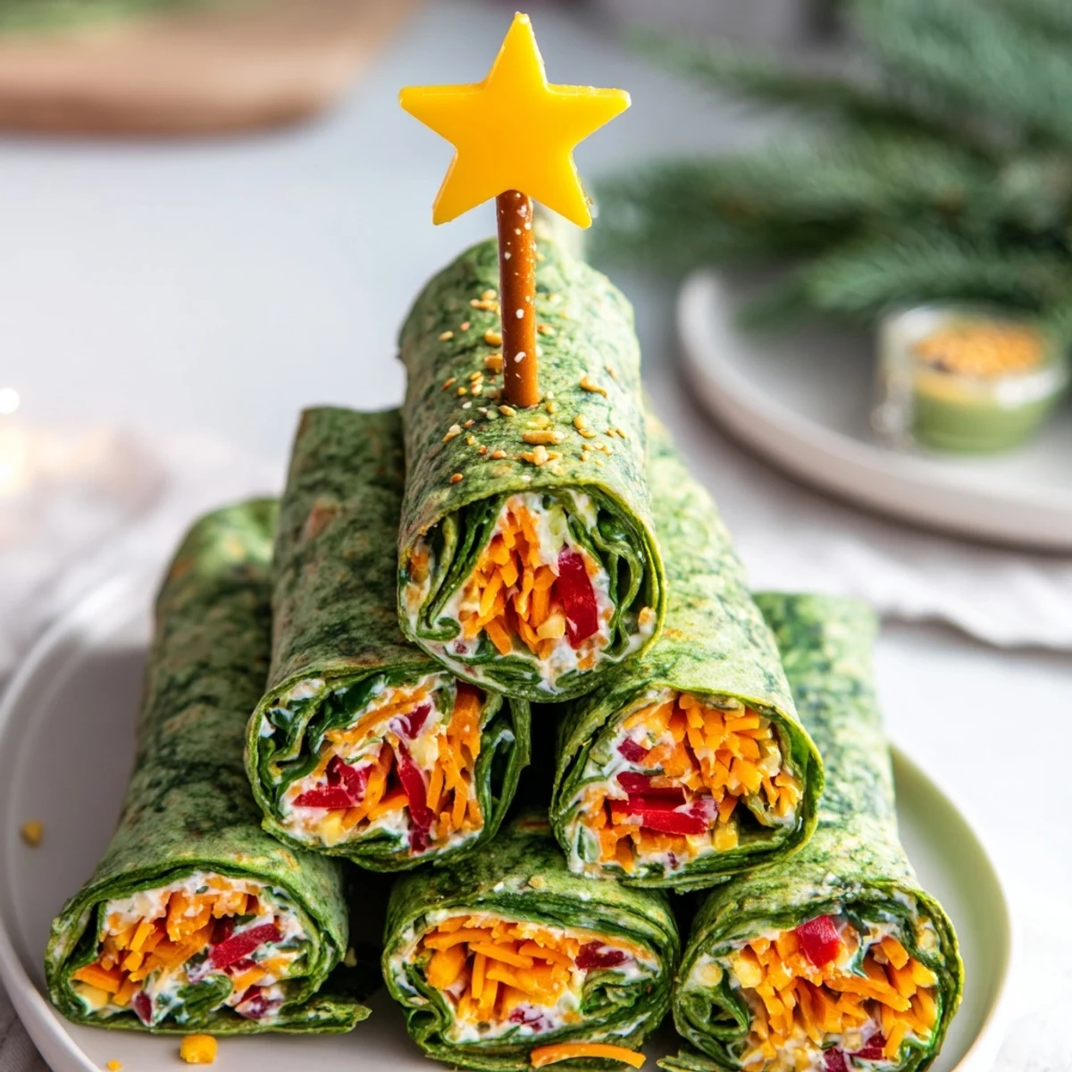 Air Fryer Christmas Tree Veggie Tortilla Wraps: golden, crispy, holiday appetizers with colorful veggies and a creamy filling.