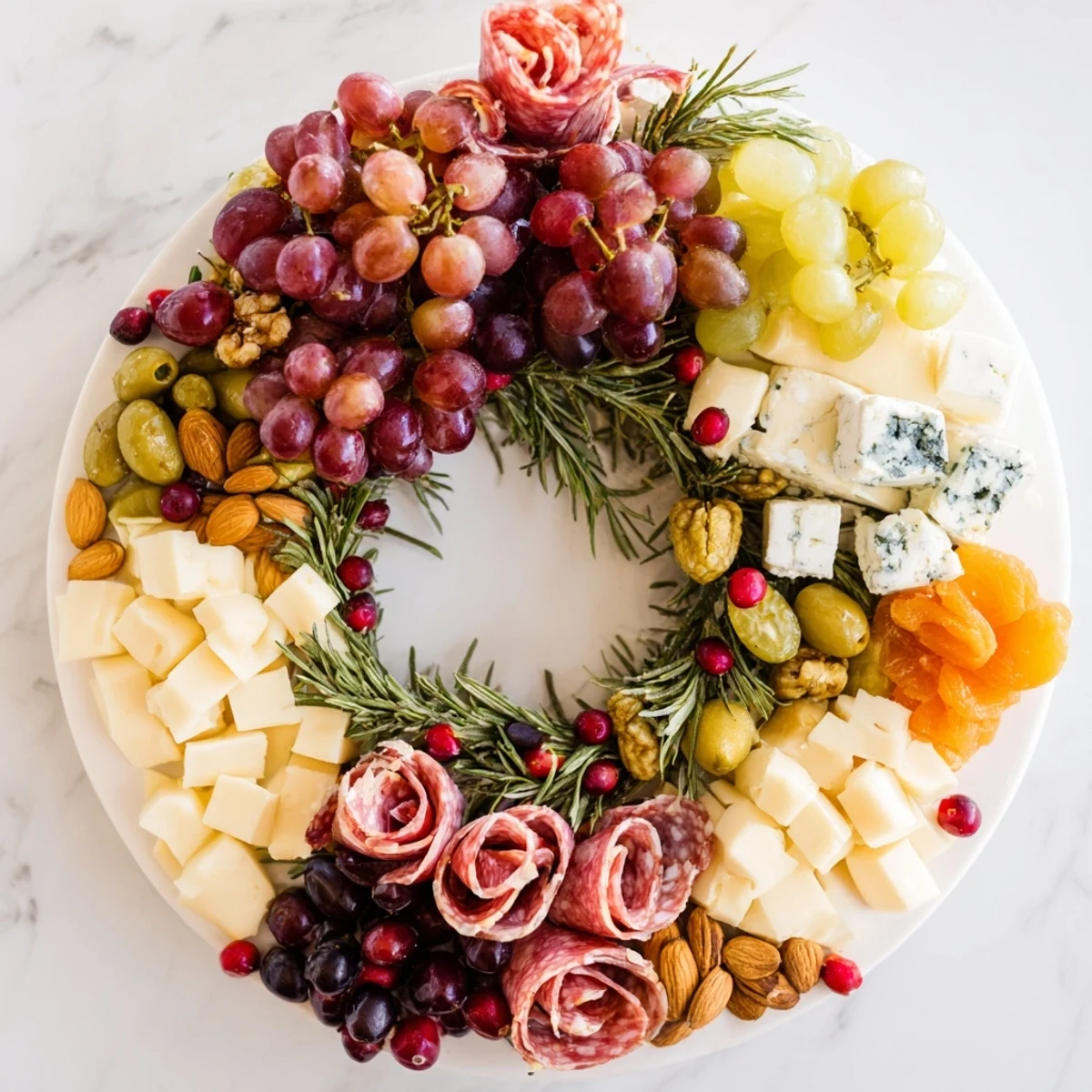 This vibrant Holiday Wreath Cheese Platter showcases delicious cheeses, cured meats, and fresh garnishes for guests.