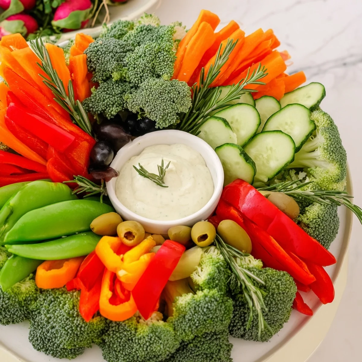 Festive Wreath Veggie Dip Platter, a visually appealing appetizer, perfect for holiday gatherings and parties.
