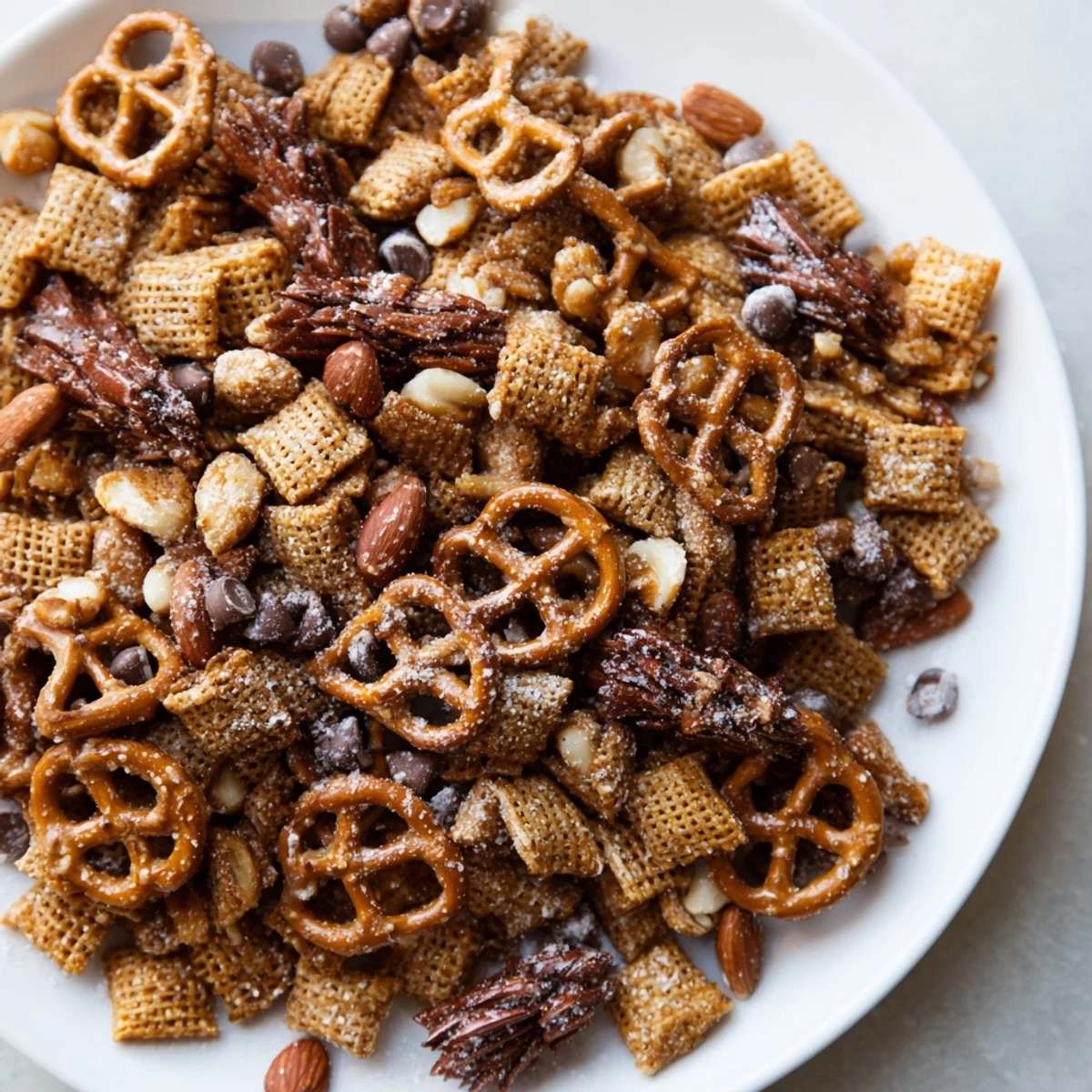 Golden, textured Festive Pine Cone Snack Mix, perfect for holiday parties and easy enjoyment.