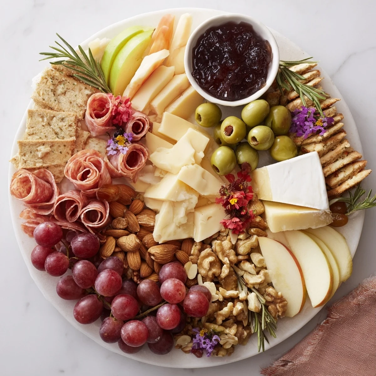 This Star-Shaped Appetizer Board features wedges of Brie, salty prosciutto, and colorful berries arranged beautifully.