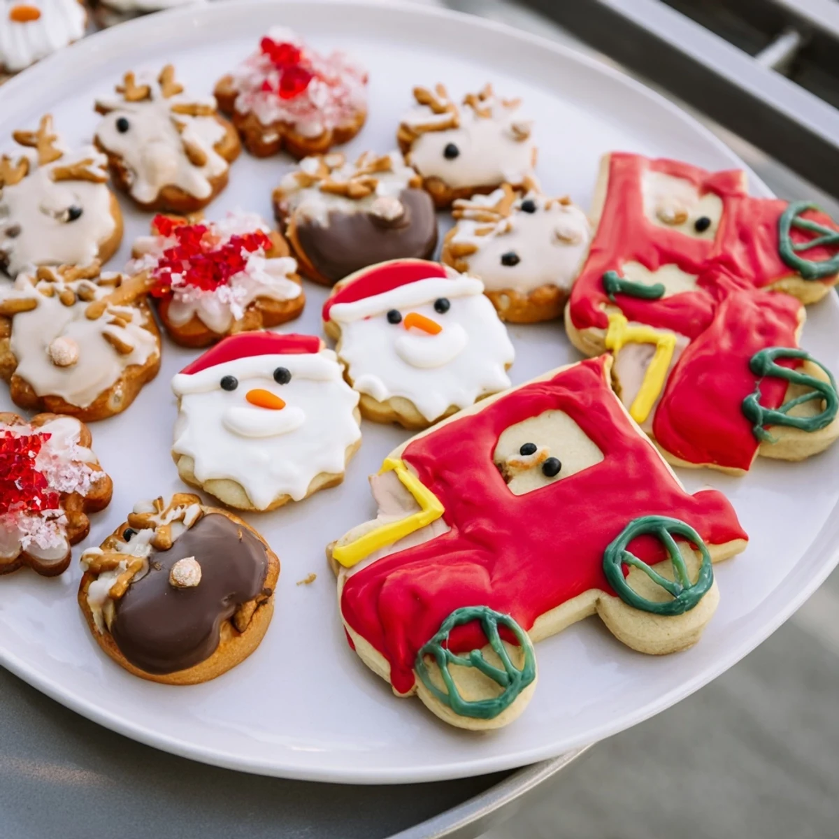 A beautiful Santa's Sleigh cookie display, iced in festive colors and ready for your holiday party.