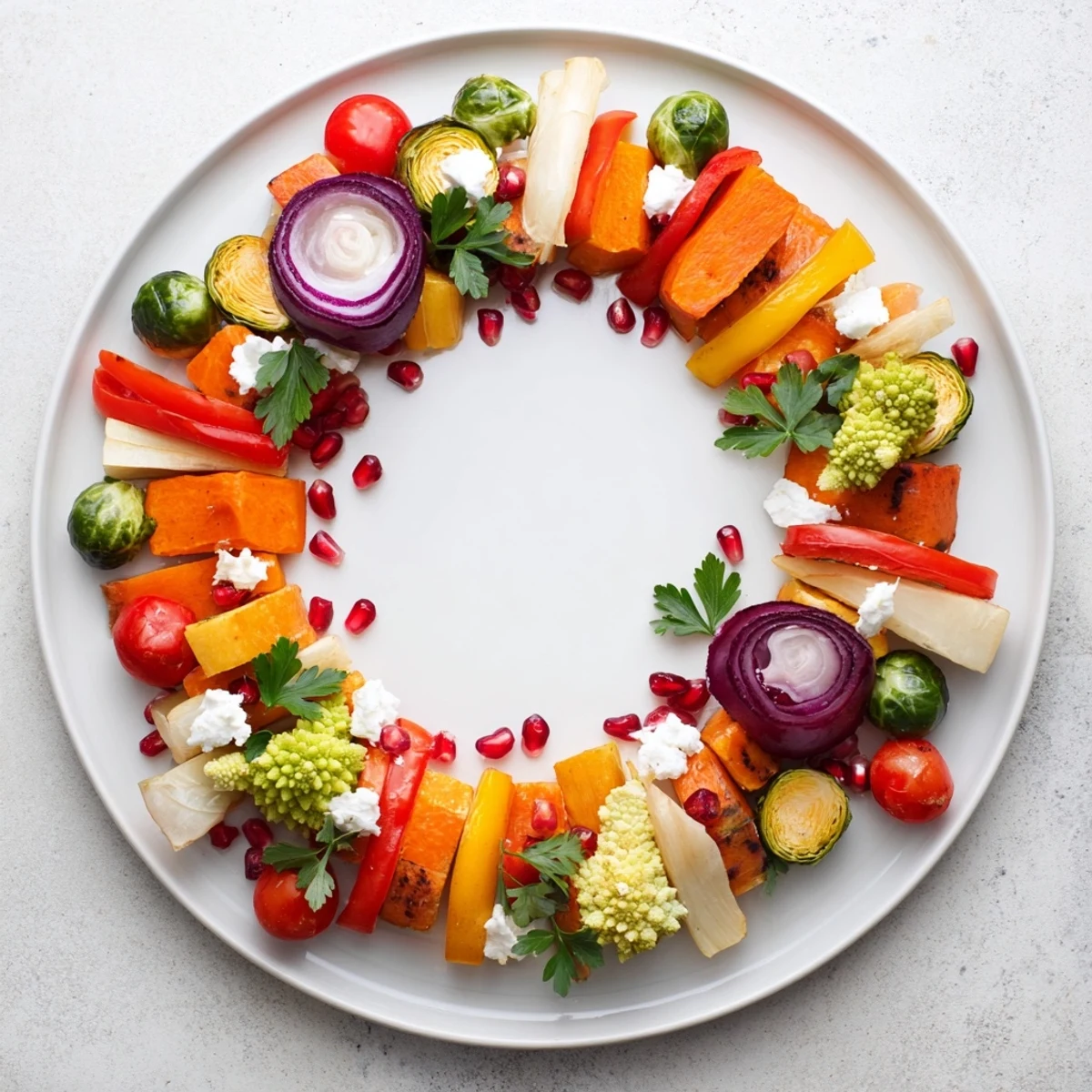 A colorful medley: roasted Festive Vegetable Christmas Wreath, garnished with pomegranate for a sweet, savory bite.