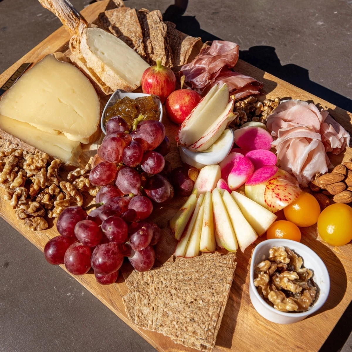 Cheval Heureux Snack Board: A beautiful cheese and charcuterie board overflowing with fresh fruit and crackers.