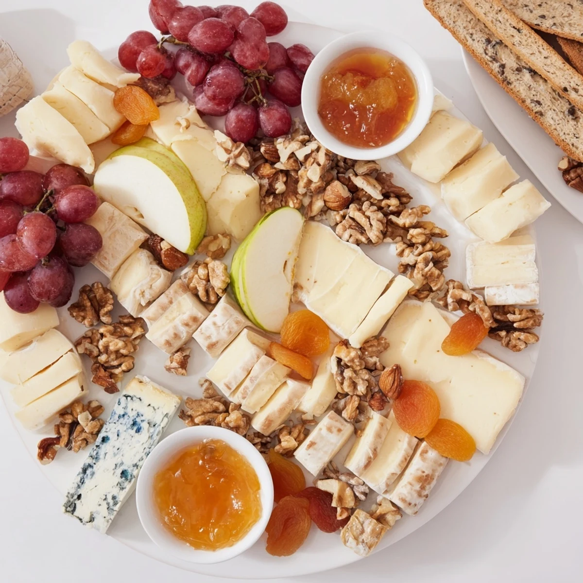 Sumptuous cheese platter featuring Brie, Roquefort, and grapes, a French inspired Cheese Platter Cœur Passion.