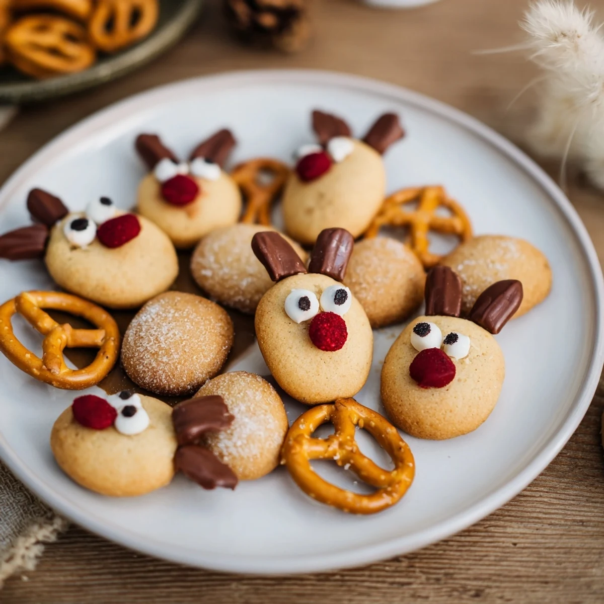 A delightful platter of Santa's Reindeer Cookies, frosted and decorated for a festive treat.