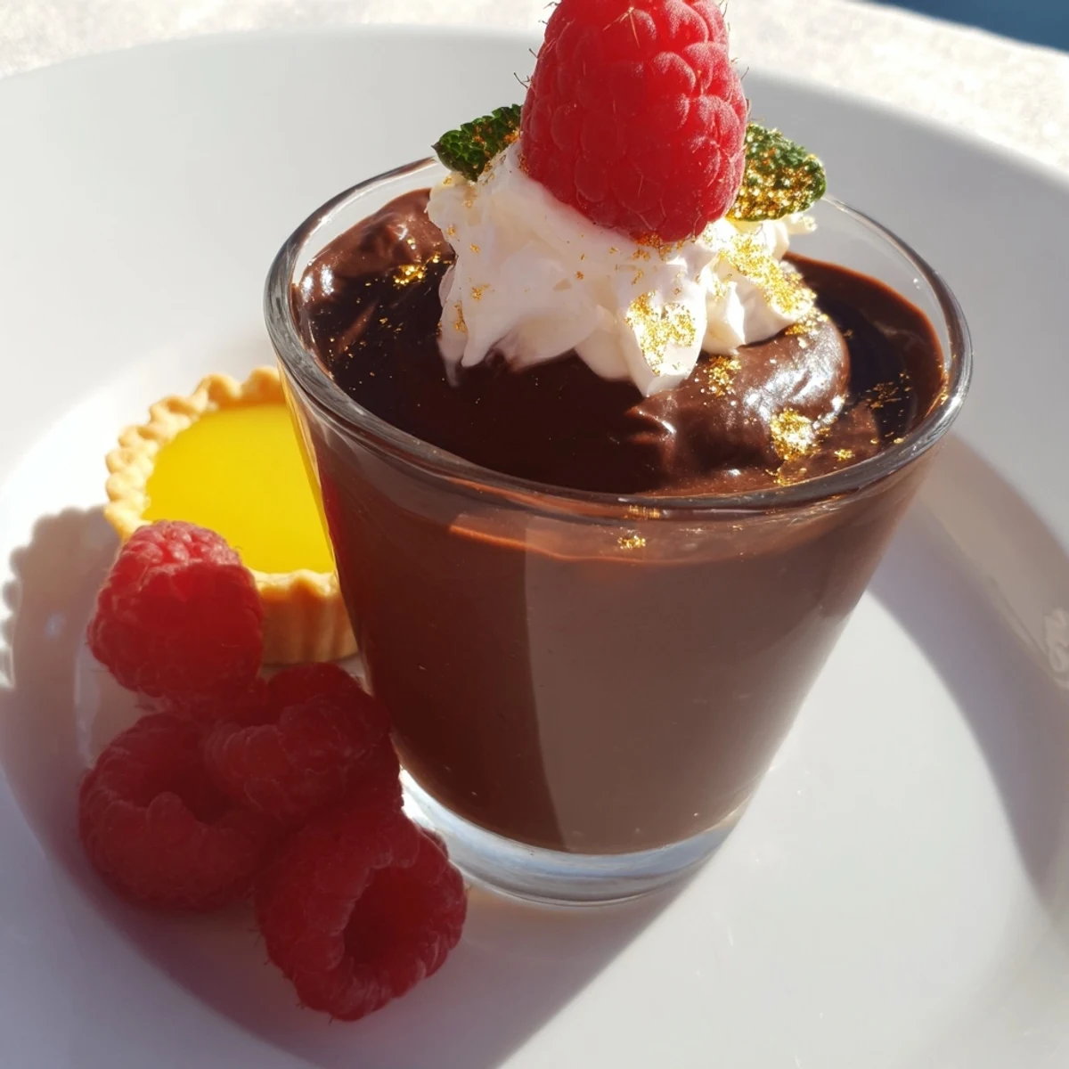 A visually stunning Assiette de Desserts, featuring creamy chocolate mousse and vibrant tartlets and financiers.