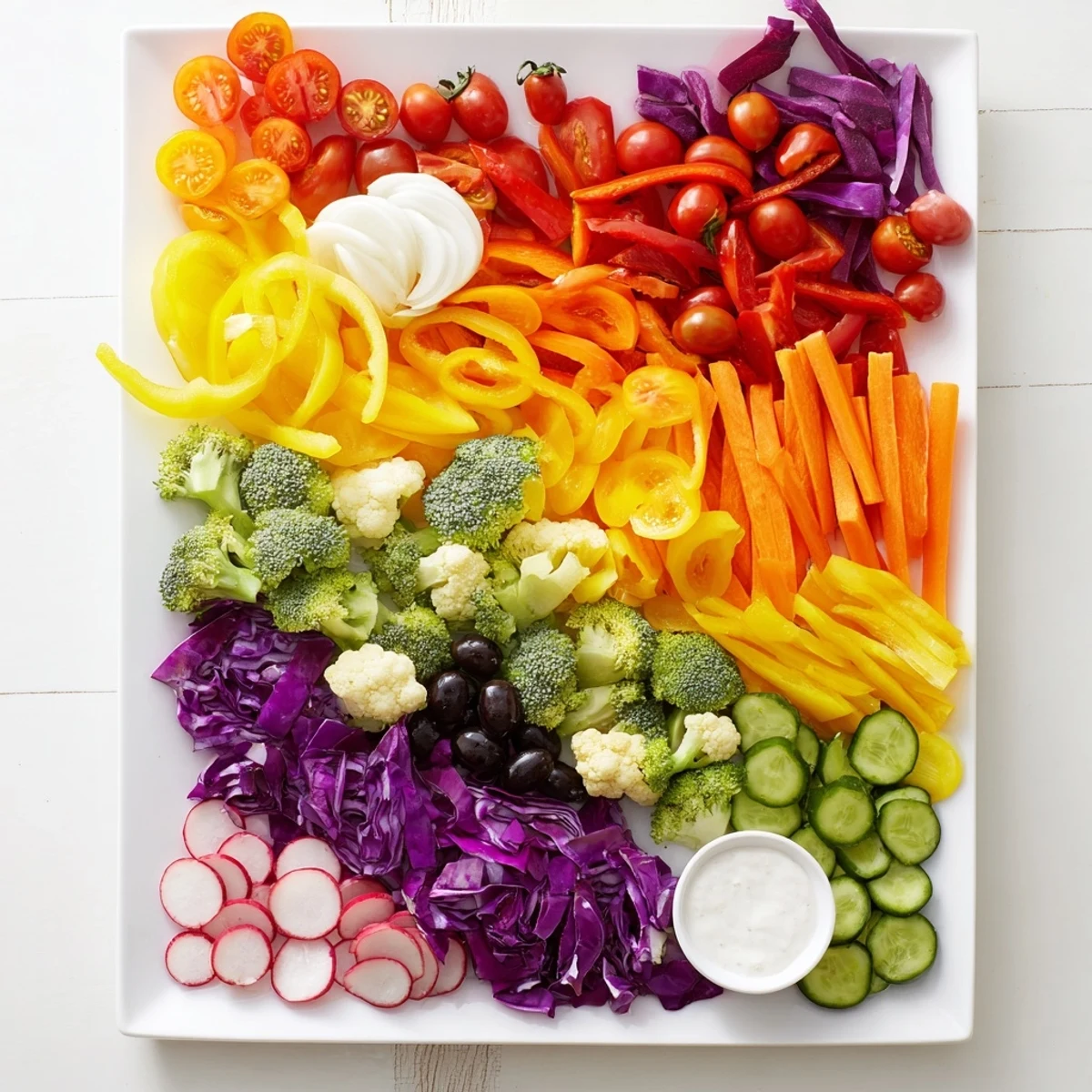 Colorful Vegetable Rainbow Board featuring an array of vibrant, crisp veggies, and creamy hummus for dipping.