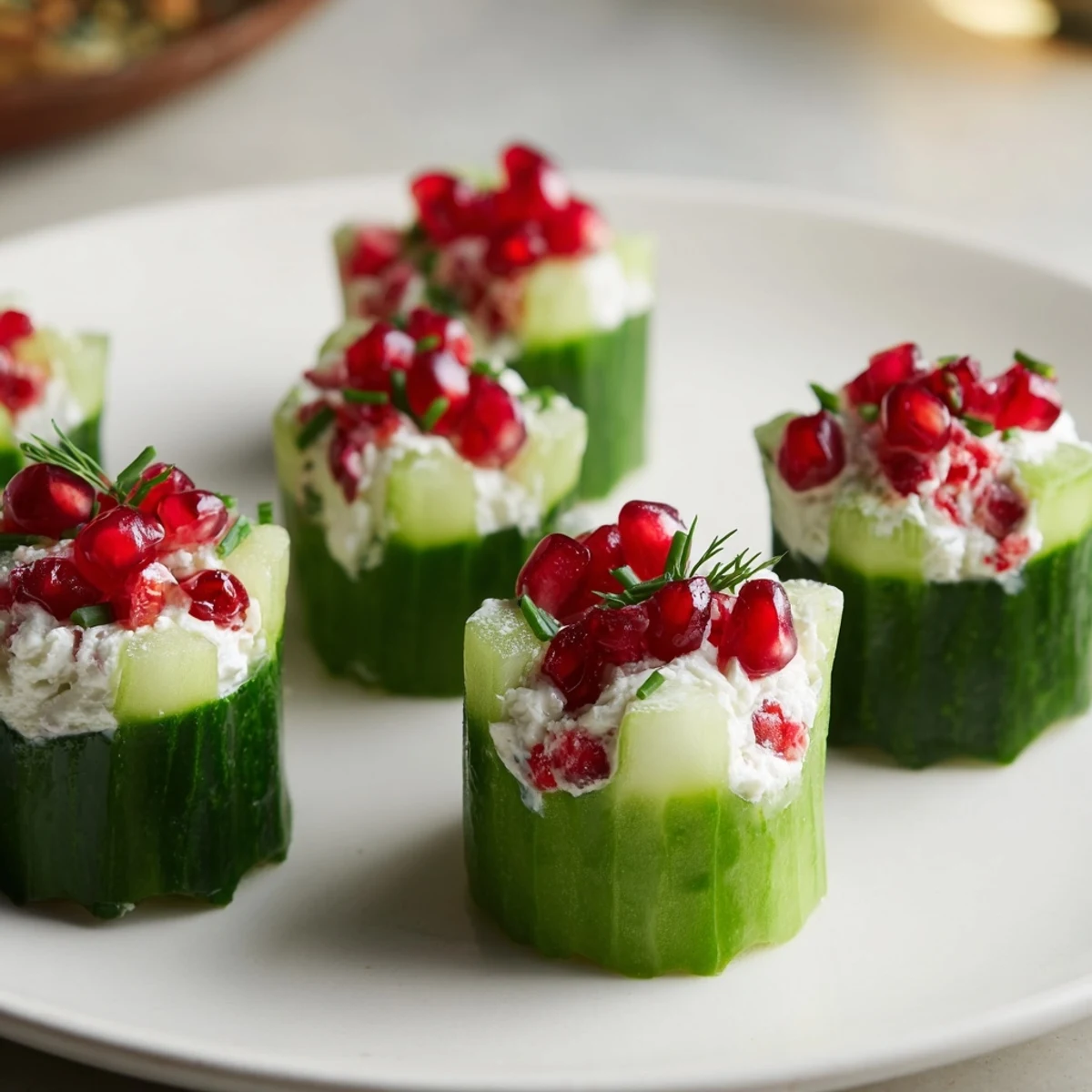 Festive Winter Salad: Snowflake-shaped cucumber cups overflowing with creamy filling and topped with red pomegranate jewels.