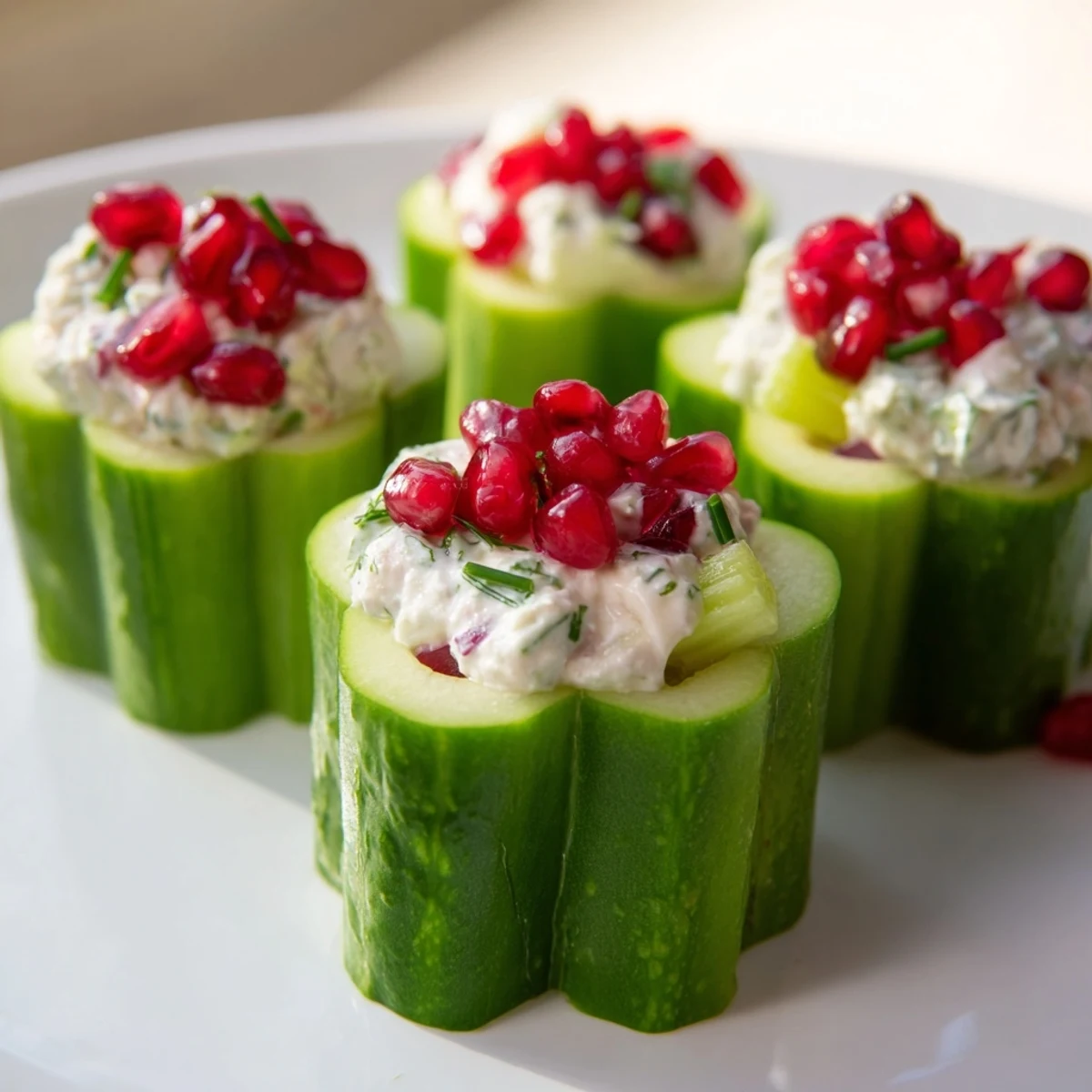 Elegant arrangement: Delicate snowflake-shaped cucumber cups holding creamy Winter Salad, garnished with fresh chives and seeds.