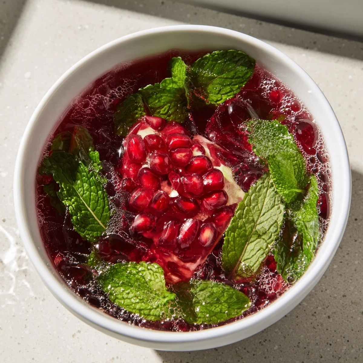 Festive Pomegranate and Mint Wreath drink, adorned with ruby pomegranate seeds and fresh mint.