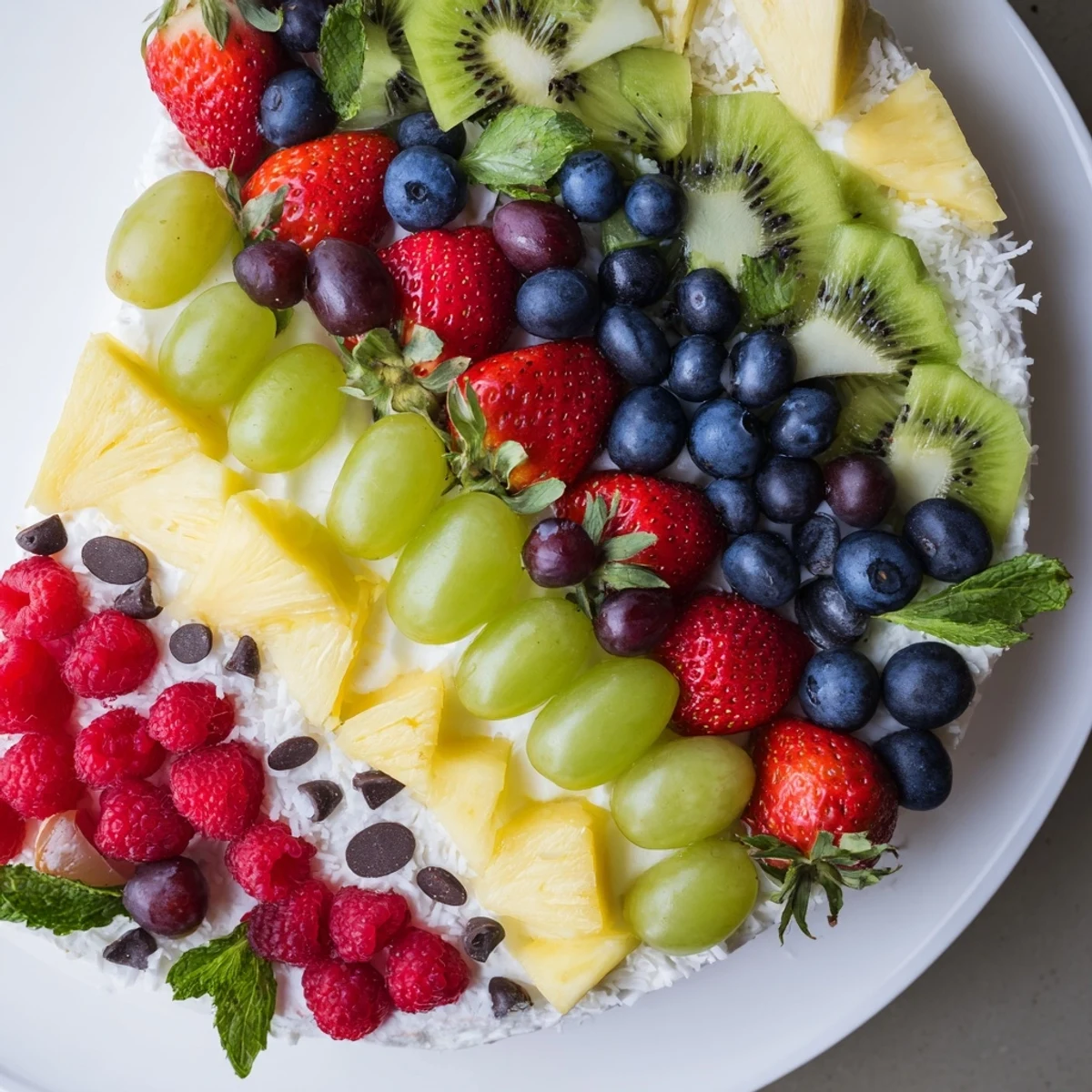 Vibrant Birthday Board: A colorful fruit platter shaped like a cake slice, ready to eat.