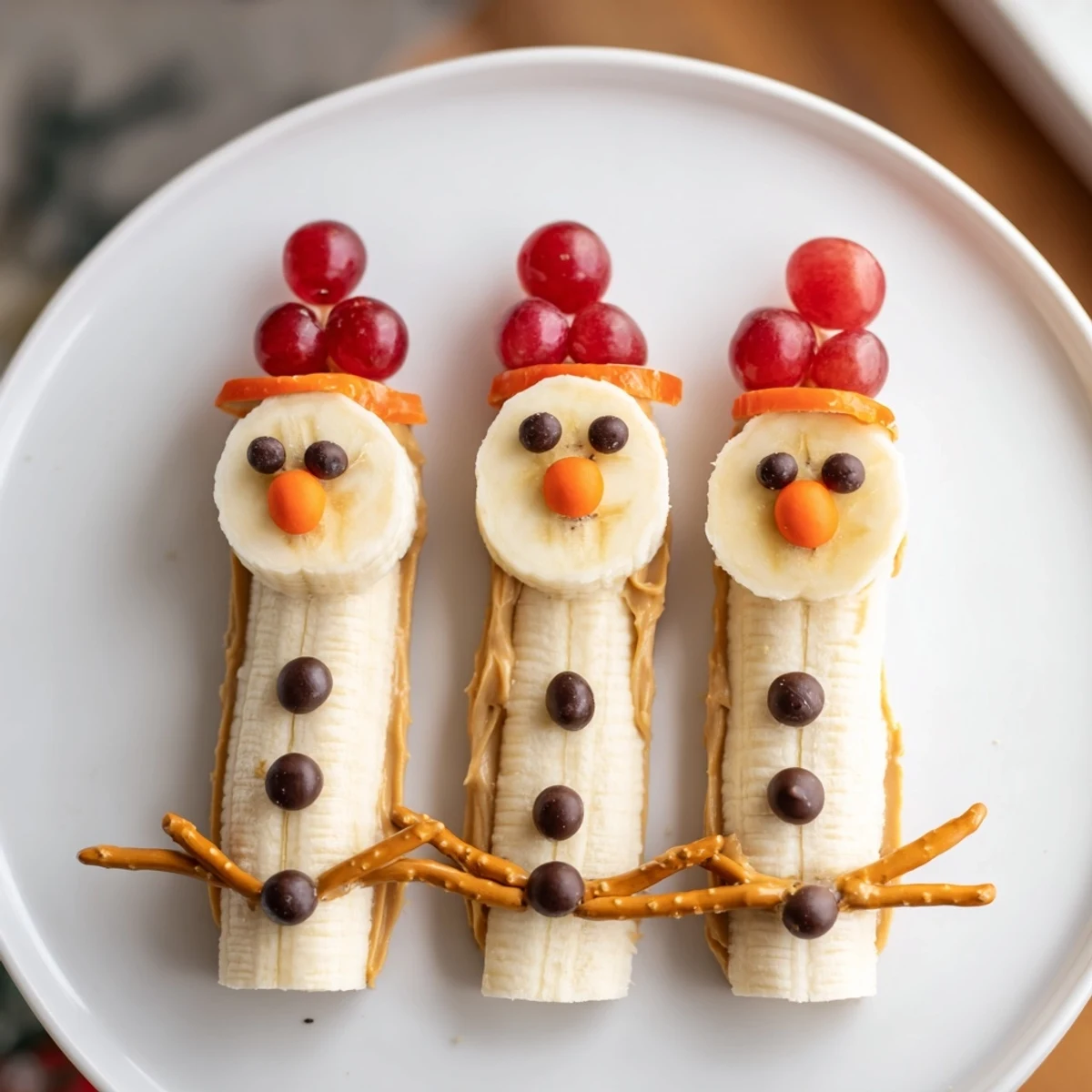 Festive Banana Peanut Butter Snowmen snack: Sweet banana slices, peanut butter, and cheerful red grape hats.