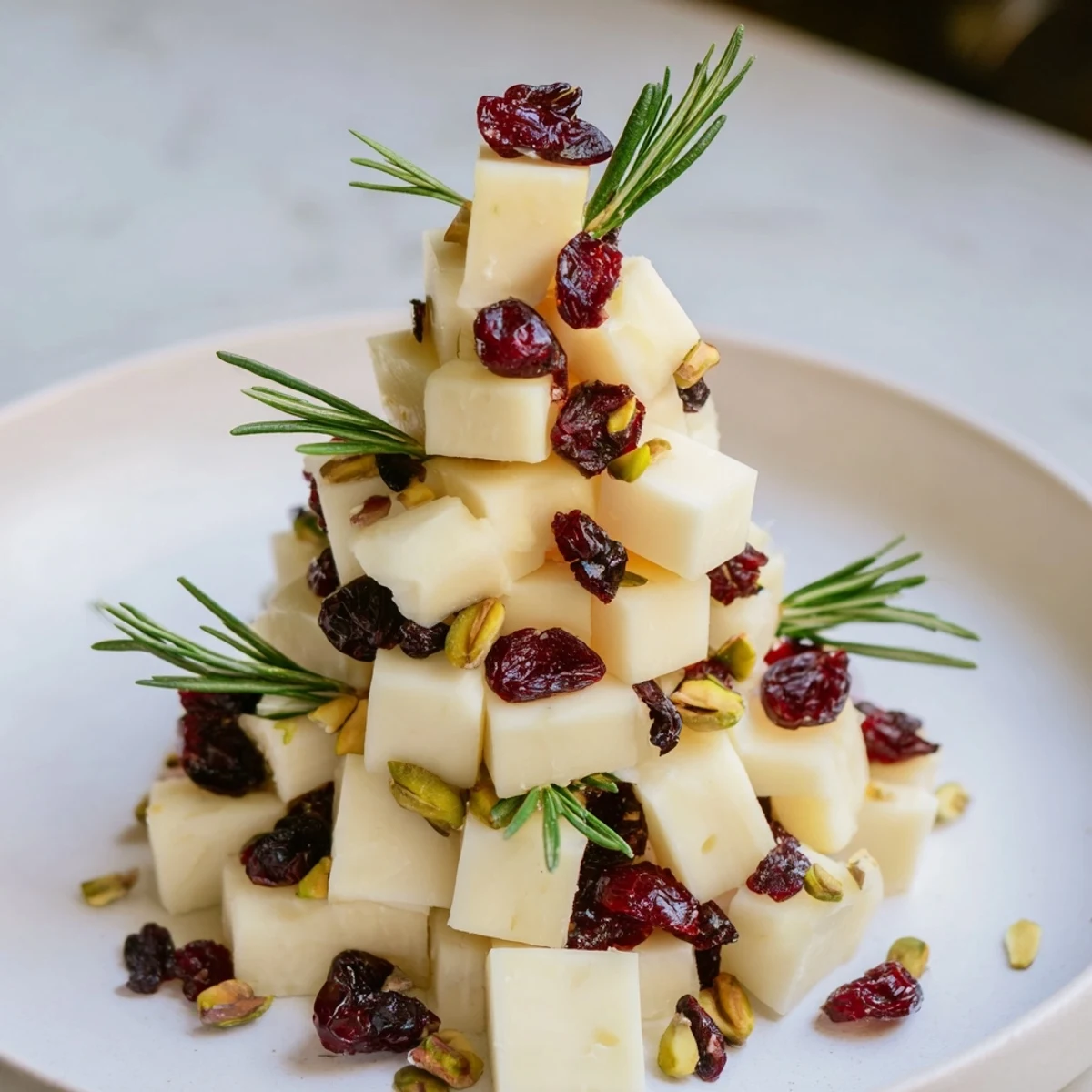 Festive cranberry white cheddar tree appetizer with bright red cranberries and green rosemary.
