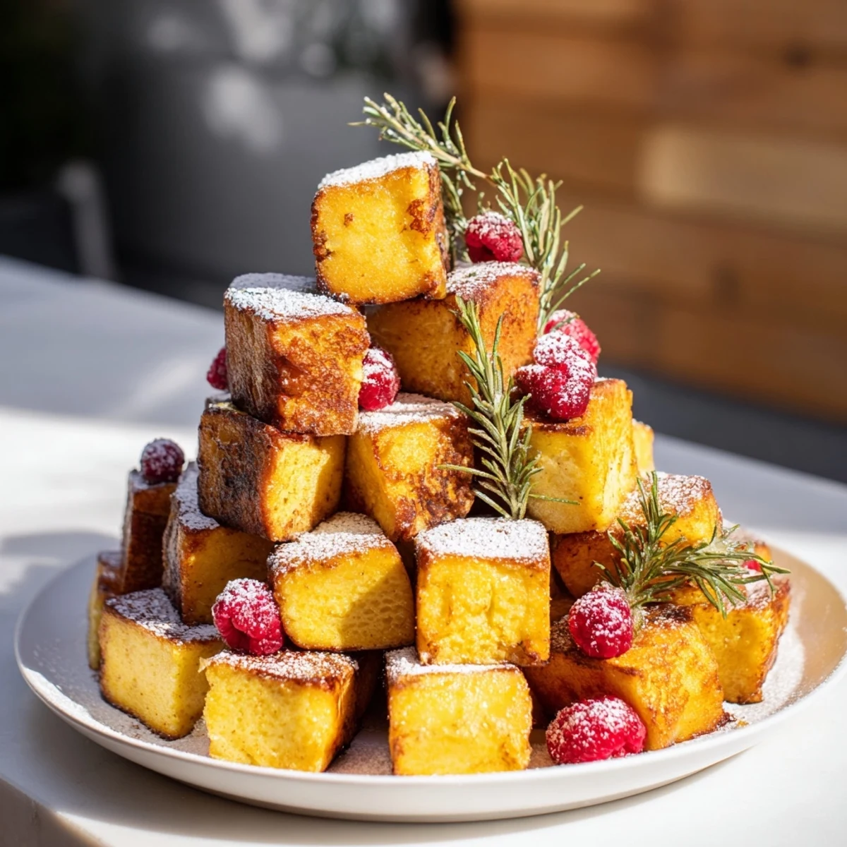 Golden-brown Eggnog French Toast Bites Tree, dusted with sugar and fresh berries for a festive brunch.