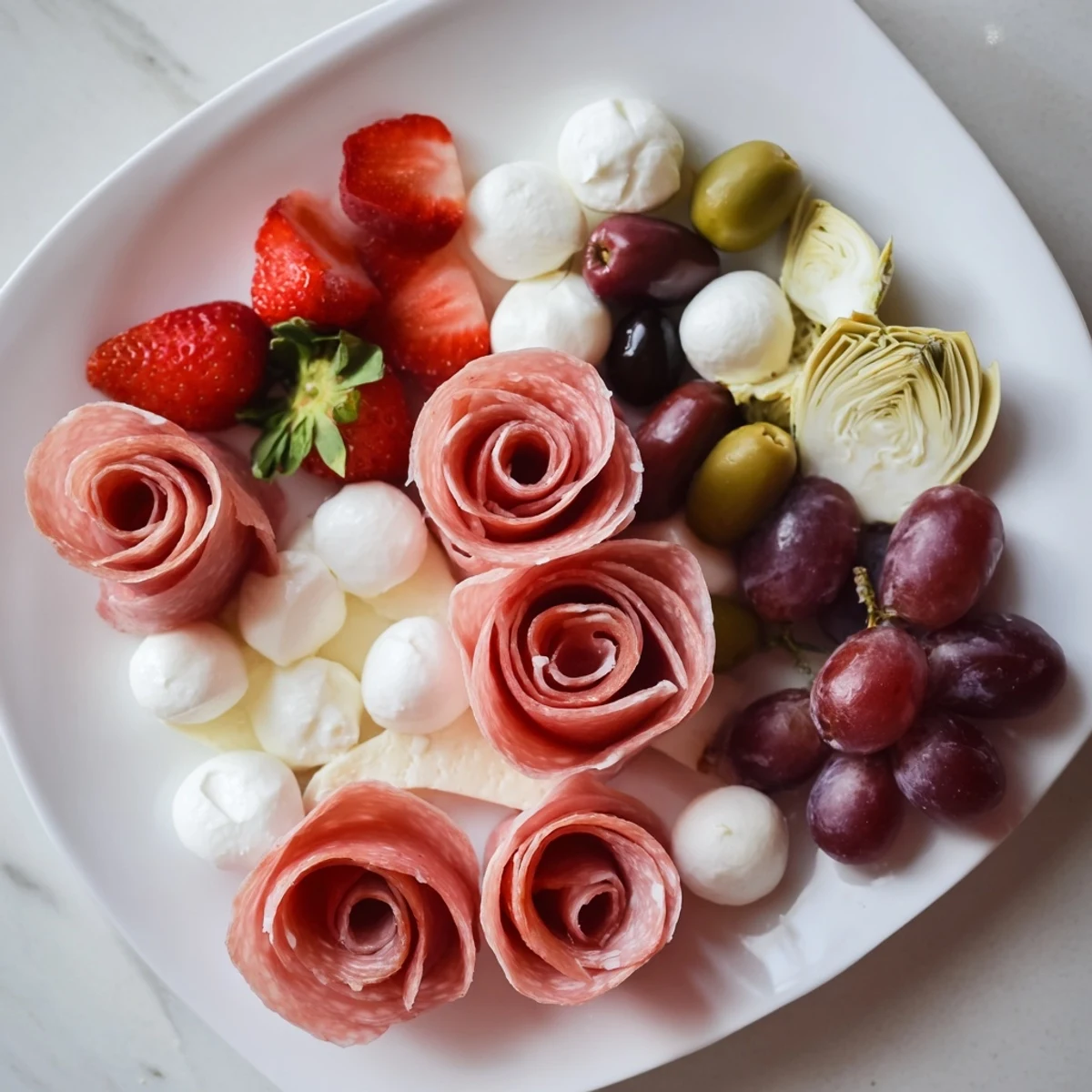 Prosciutto rose bouquet board with elegant arrangement of meats, cheeses, and colorful fresh fruit, perfect appetizer.