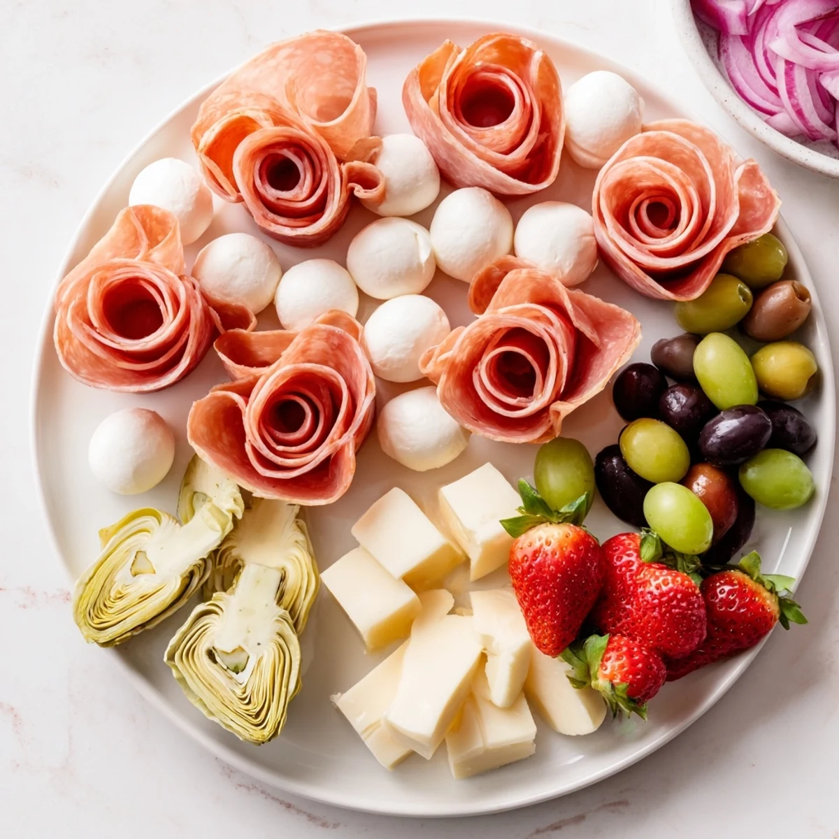 Beautifully presented prosciutto rose bouquet board showcasing salty prosciutto flowers, creamy cheeses, and vibrant fruit for sharing.