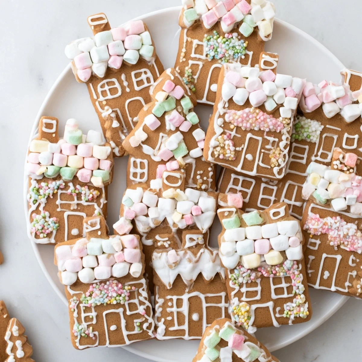 Festive gingerbread village dessert board displaying homemade gingerbread cookies with colorful candies.