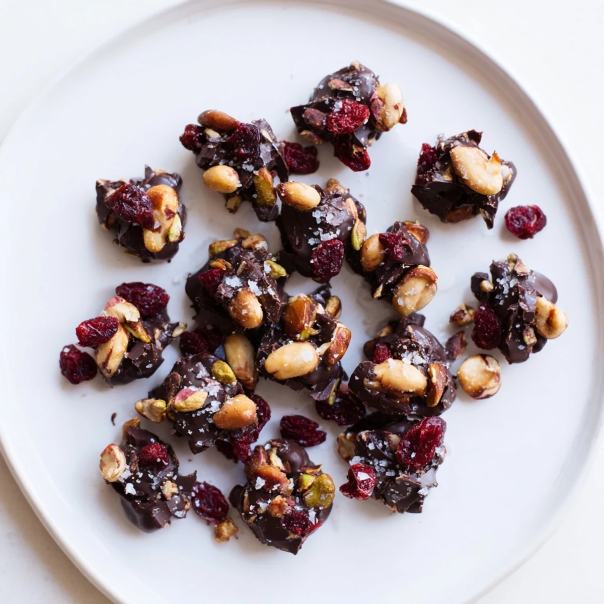Delicious, homemade Pistachio and Dried Cranberry Clusters, a festive treat with a sprinkle of flaky sea salt on top.
