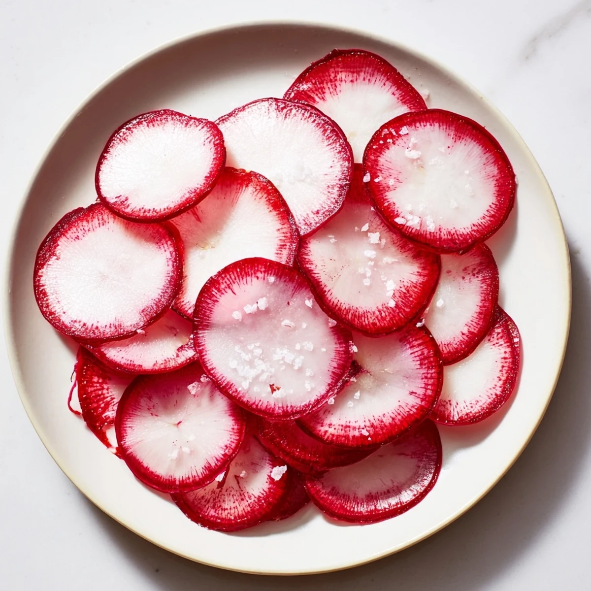 Beautiful arrangement of radish slices, glistening with sea salt, a simple and healthy appetizer.