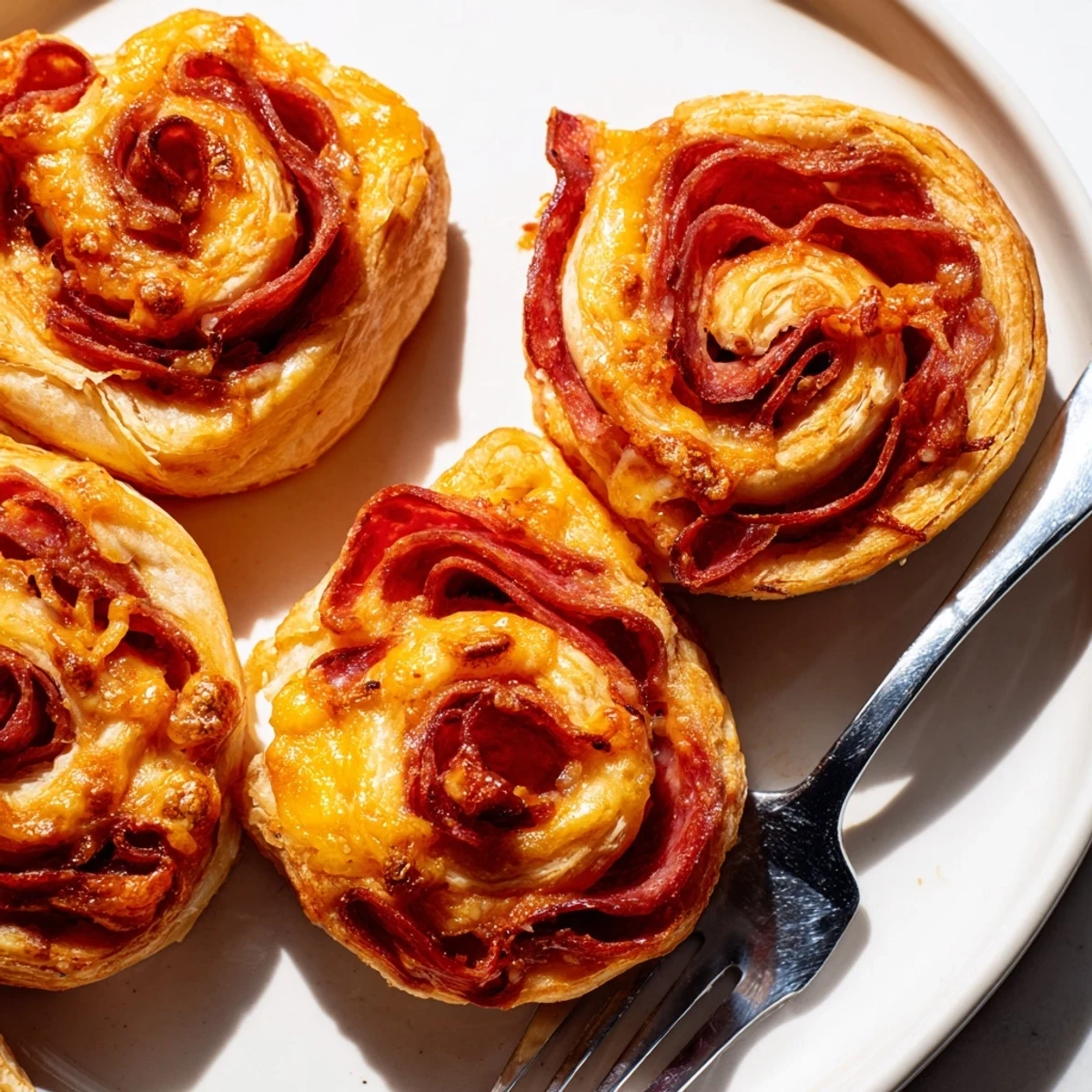 Warm, freshly baked Sliced Cheddar and Salami Scrolls, showing layers of filling and flaky pastry.