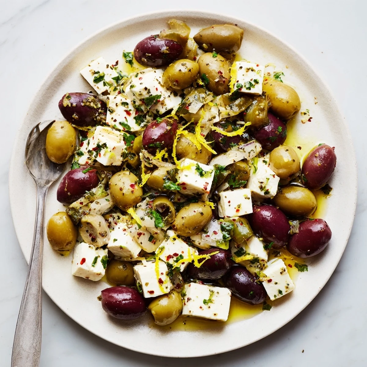 Festive Holiday Mix of juicy mixed olives and creamy feta cheese, ready to enjoy.