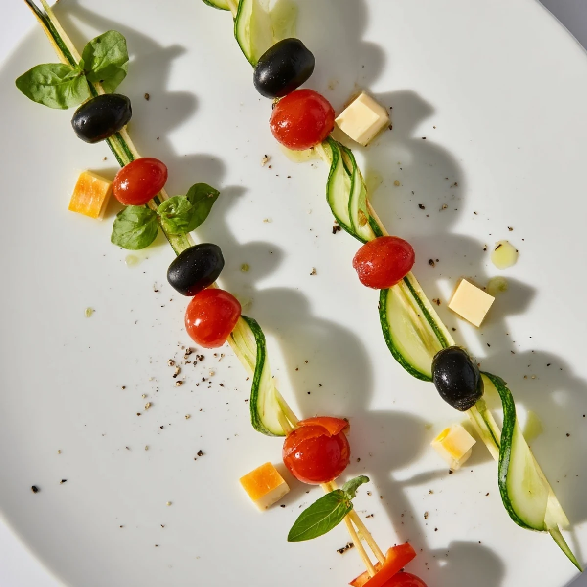 Double Helix Genetic Code appetizer: savor the vibrant rows of olives, tomatoes, cheddar, and mozzarella.