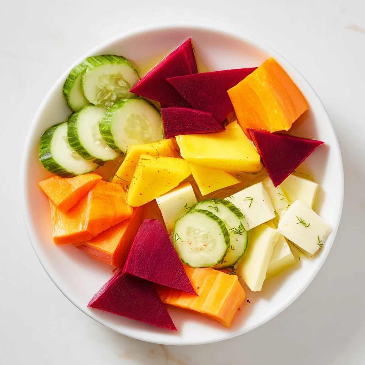 Cubist Deconstruction appetizer, colorful geometric shapes of vegetables and fruit arranged artfully.