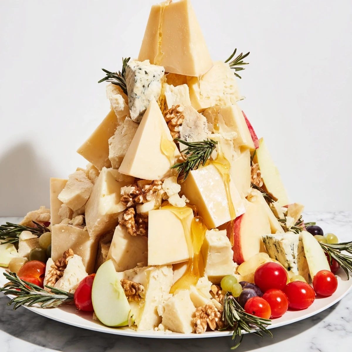 Dramatic sculptural cheese landscape with tall cheddar mountains and vibrant fruits alongside.