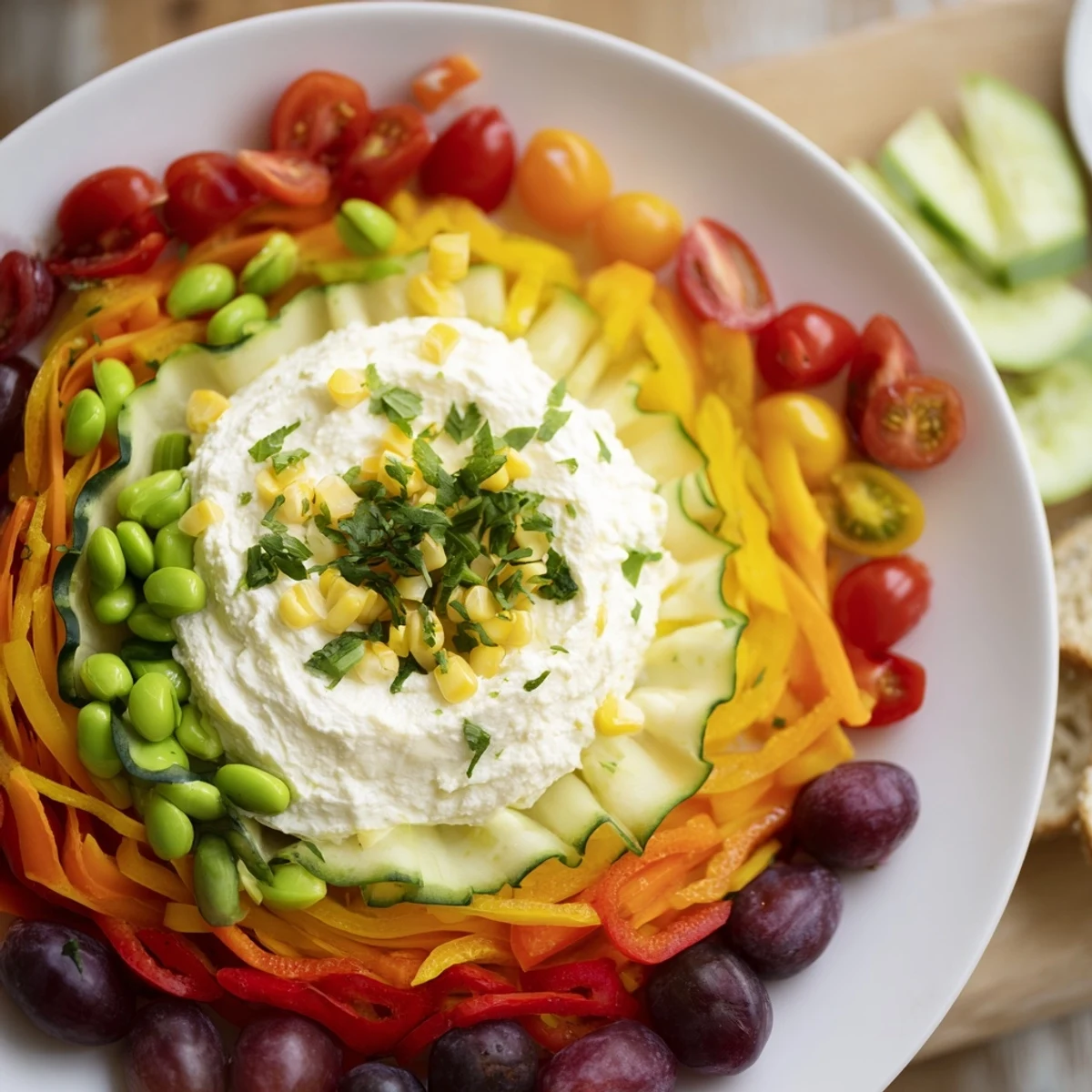 Colorful Prism Burst salad: a central creamy base radiating a spectrum of fresh, chopped vegetables.