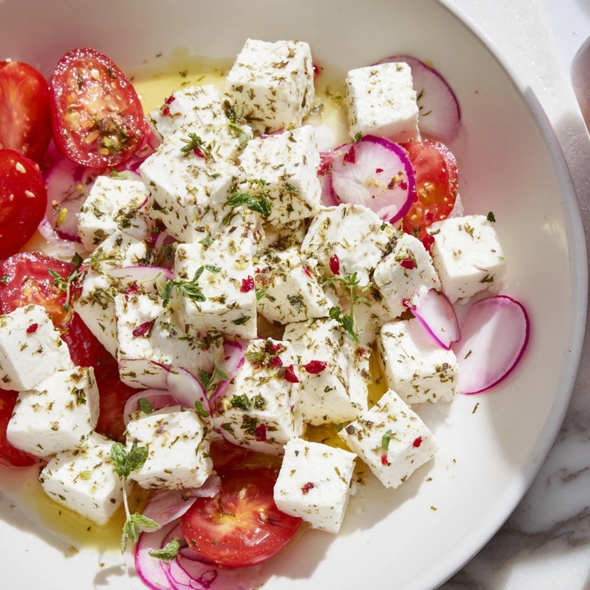 A bright The Sun-Drenched Patio mezze platter, featuring fresh feta, colorful veggies, and hummus.