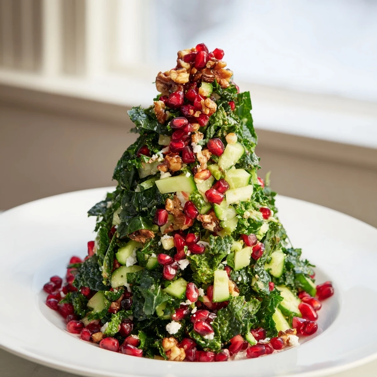 Chopped Christmas Tree Salad, a colorful vegetarian dish, topped with red pomegranate seeds and crumbled feta.