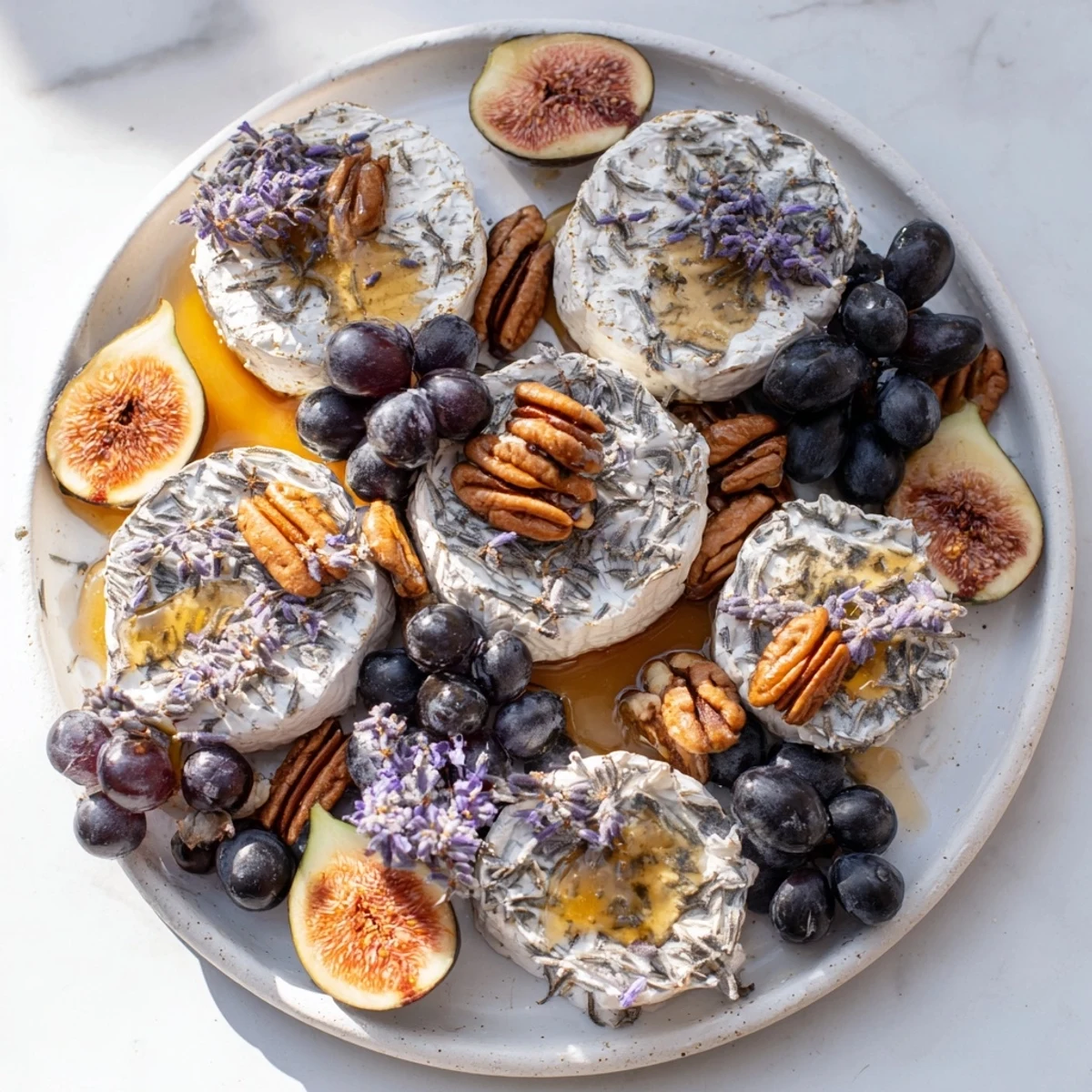 Photo shows a "Lavender Haze" cheese board with honey-drizzled goat cheese ready to serve.