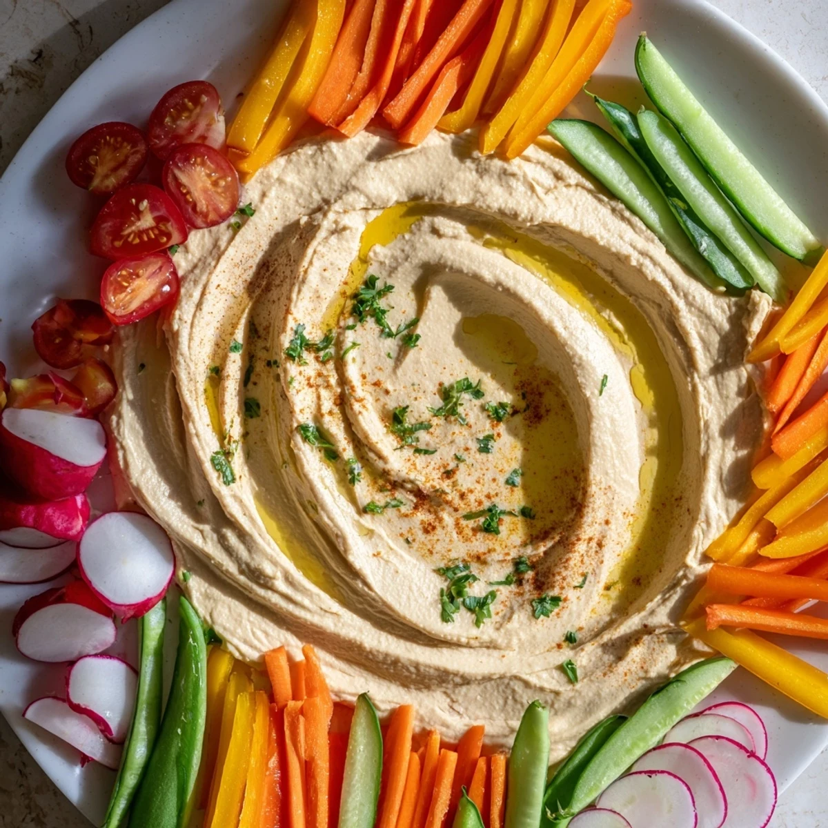 Vibrant river of hummus, encircled by colorful vegetables in this stunning River Delta Flow appetizer.