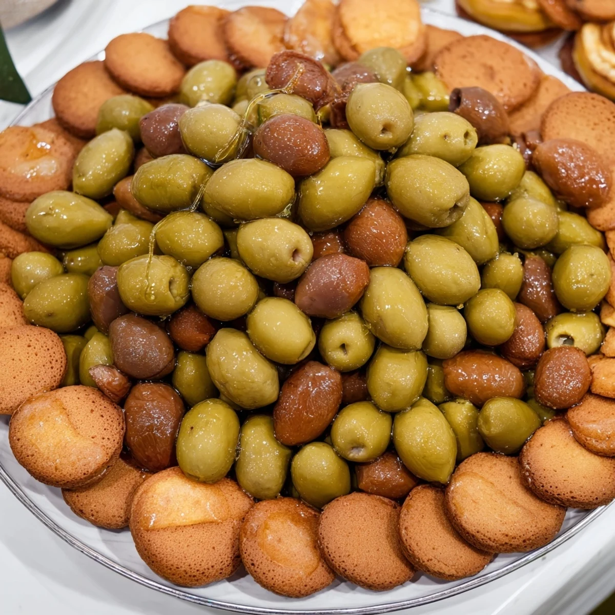 The Roman Colosseum snack platter features a beautiful arrangement of crackers and olives for a quick appetizer.