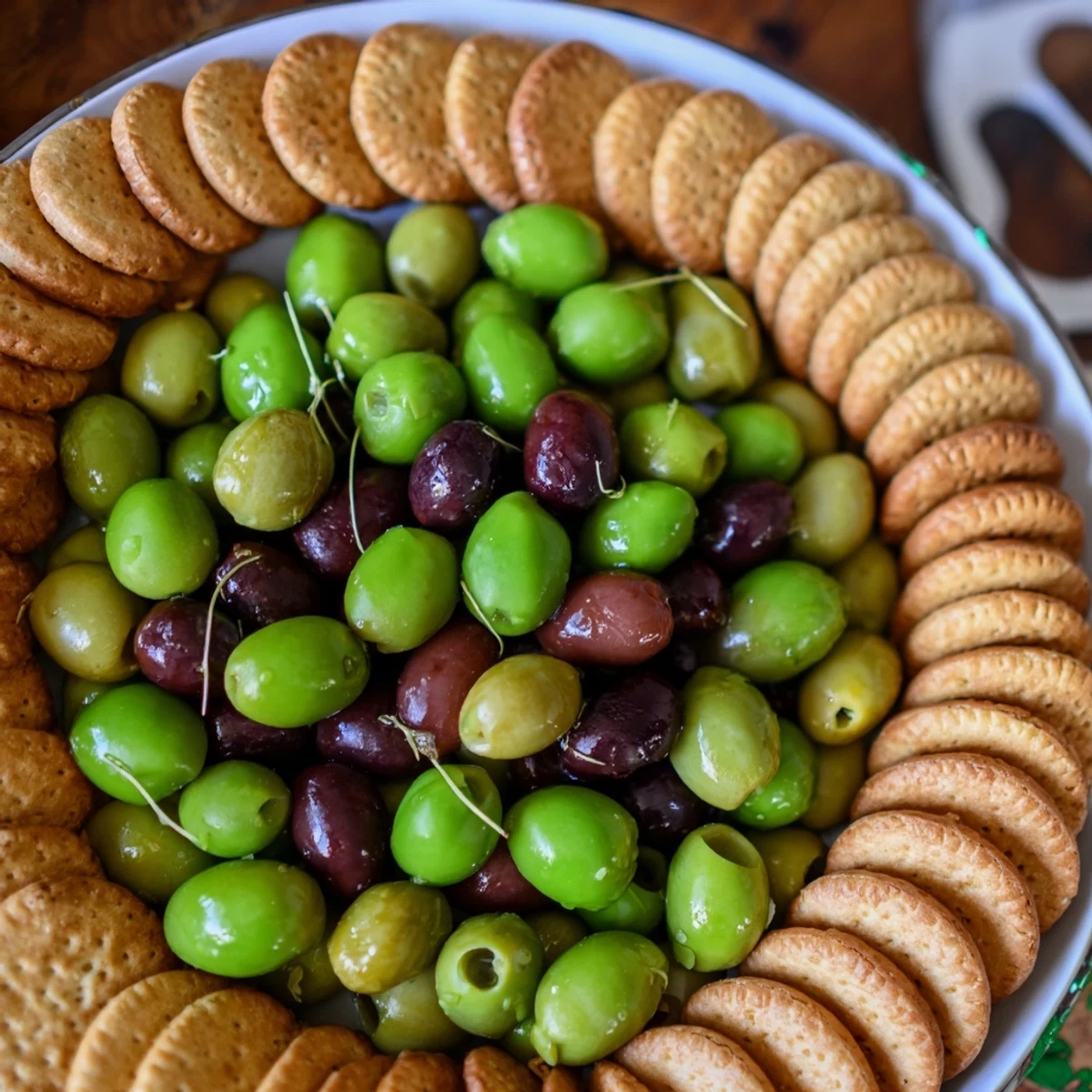 Enjoy a delicious The Roman Colosseum snack platter with crunchy crackers forming the grand arena and savory olives.