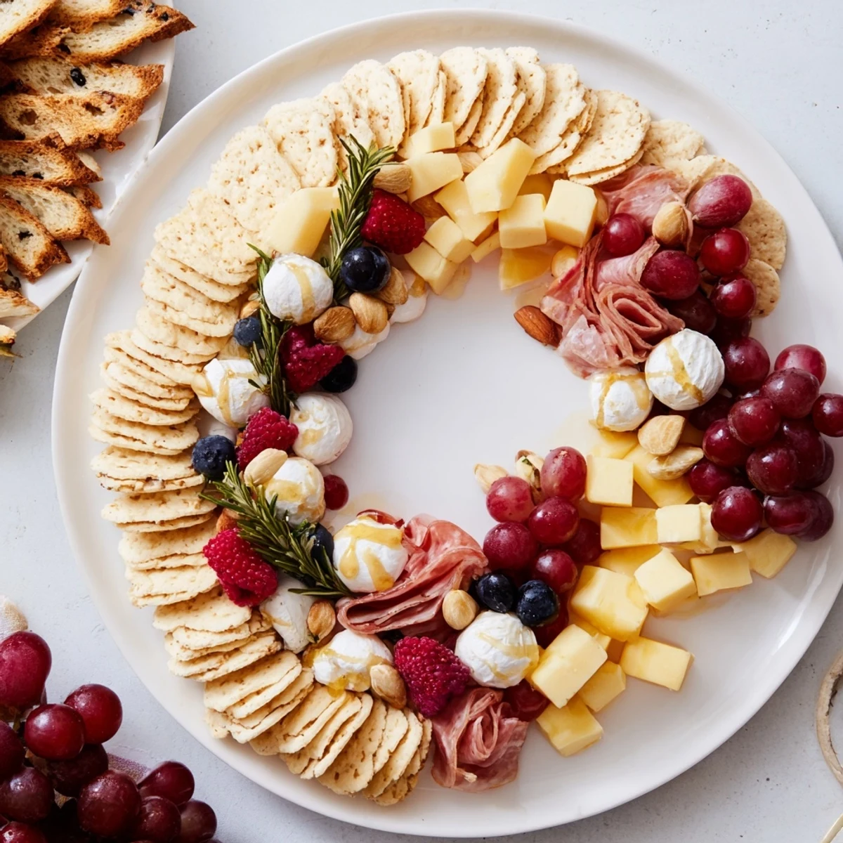 Artfully arranged Ouroboros Circle appetizer platter, featuring cheeses, meats, crackers, and fruits.