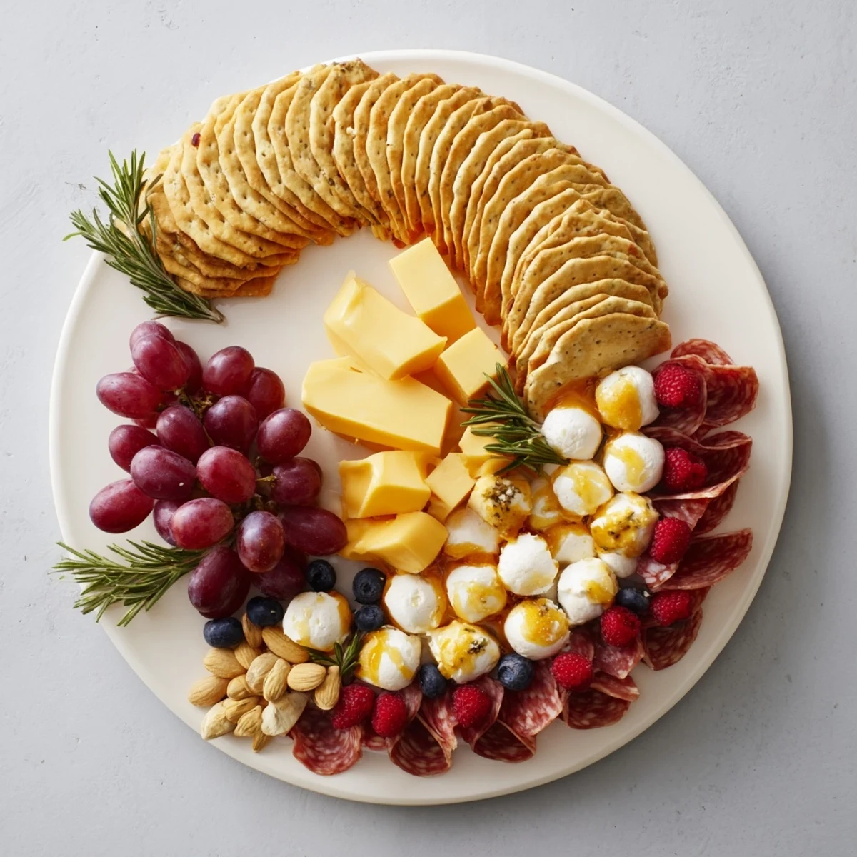 Close-up of a stunning Ouroboros Circle, a continuous platter with cheeses and fruit details.