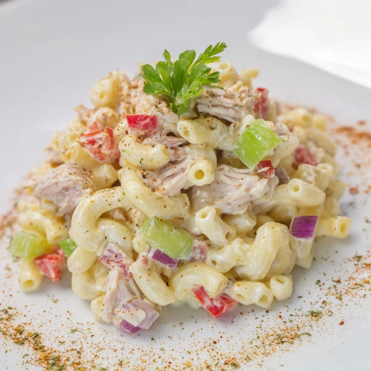 A bowl of creamy chilled Chicken Macaroni Holiday Salad, ready for a potluck, full of color.