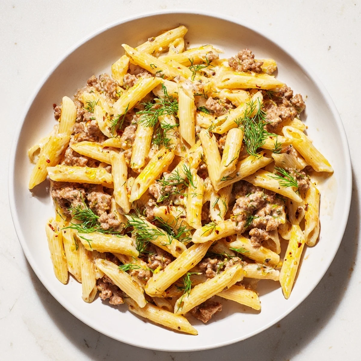 Steaming Turkish Pasta with Ground Turkey, glistening with paprika butter and fresh herbs for enjoyment.