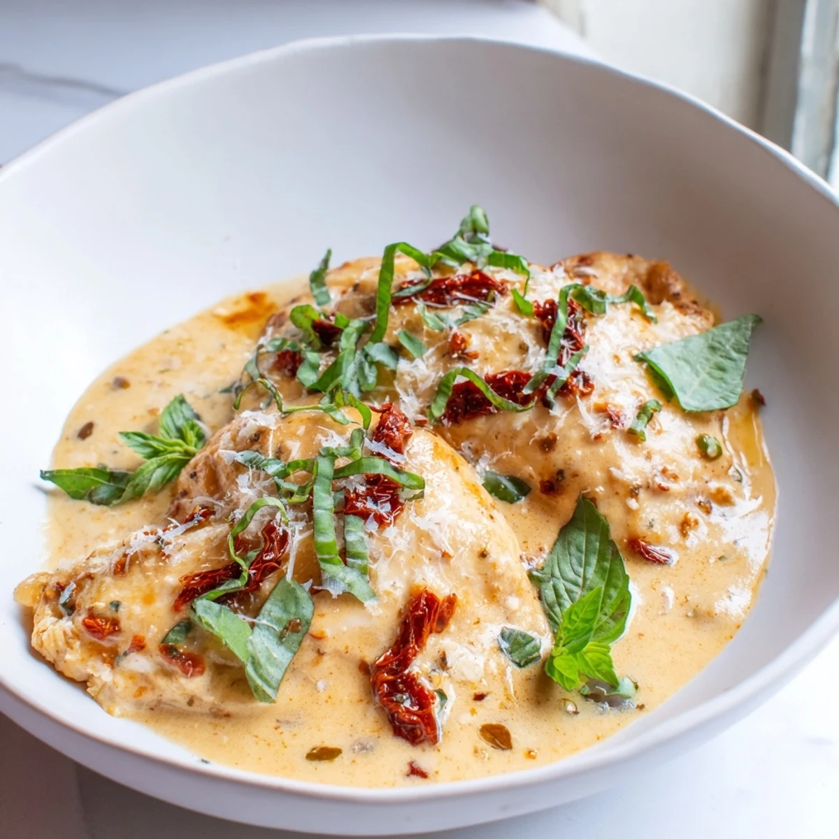 Creamy Sun-Dried Tomato Chicken Skillet, a vibrant skillet meal, with tender chicken and rich sauce.