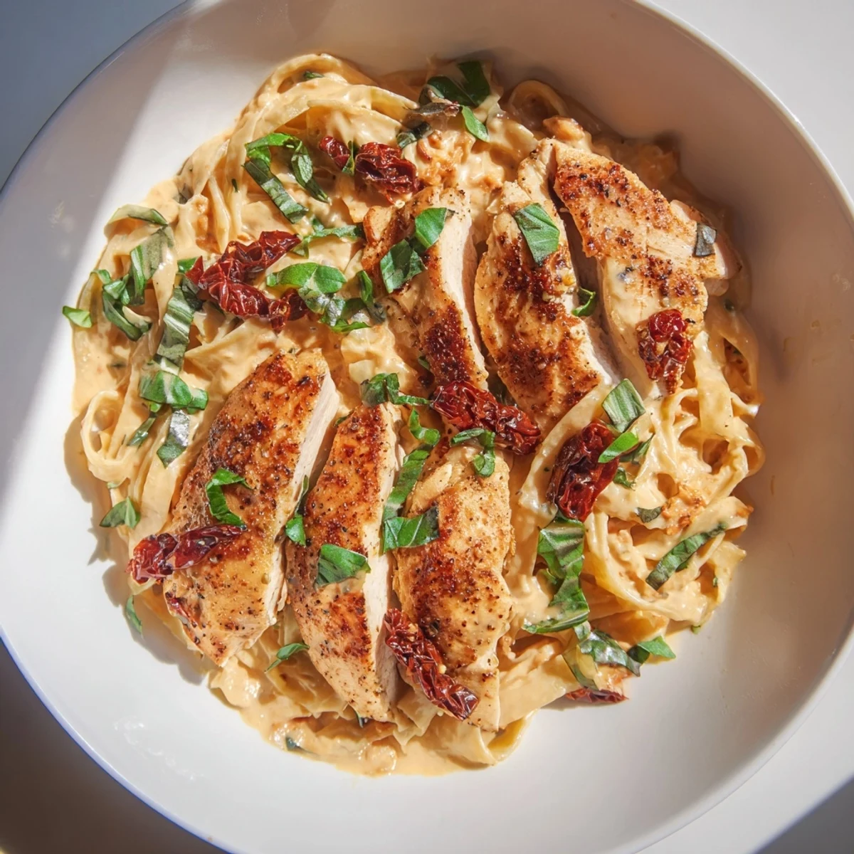 Picture a sizzling Creamy Sun-Dried Tomato Chicken Skillet, ready for dinner, with fresh basil garnish.