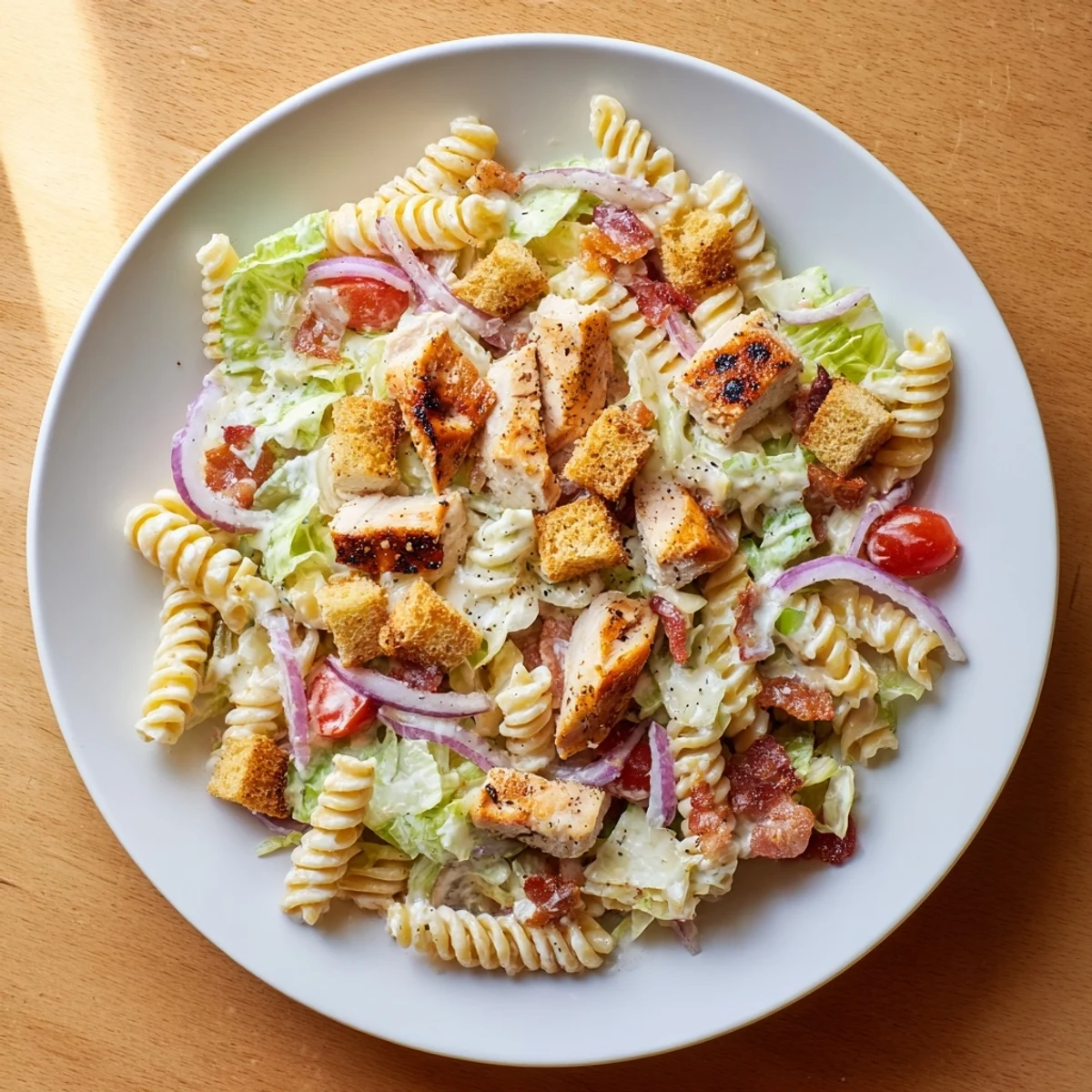 Chicken Caesar Pasta Salad, a creamy delight: rotini, grilled chicken, bacon, and Caesar dressing.