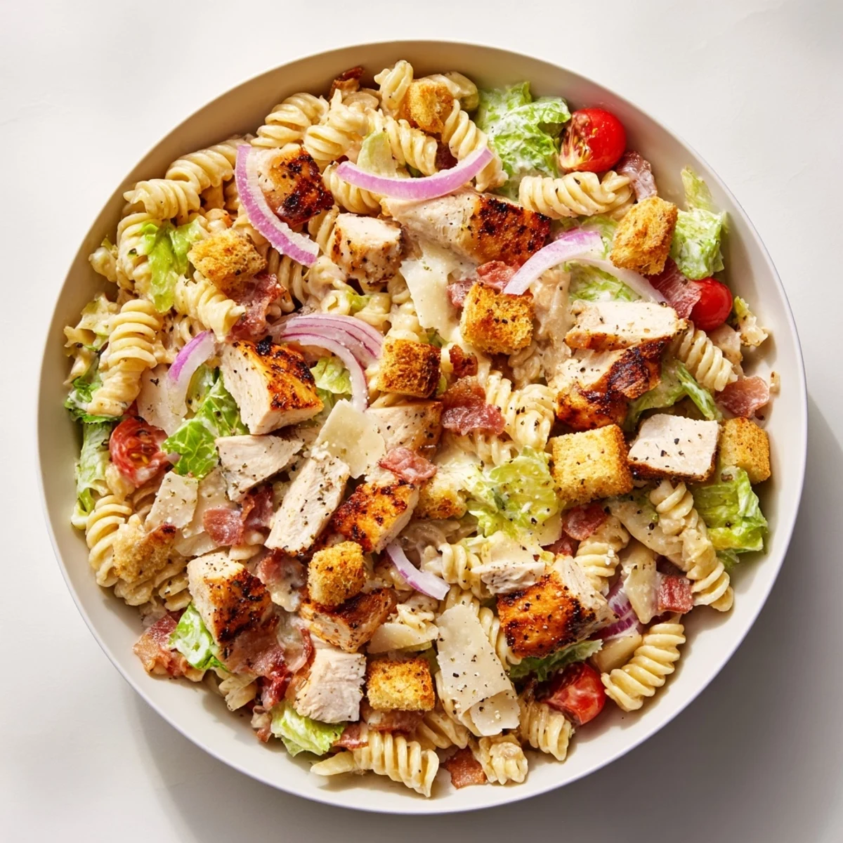 A vibrant bowl of Chicken Caesar Pasta Salad, featuring juicy chicken and crunchy croutons.