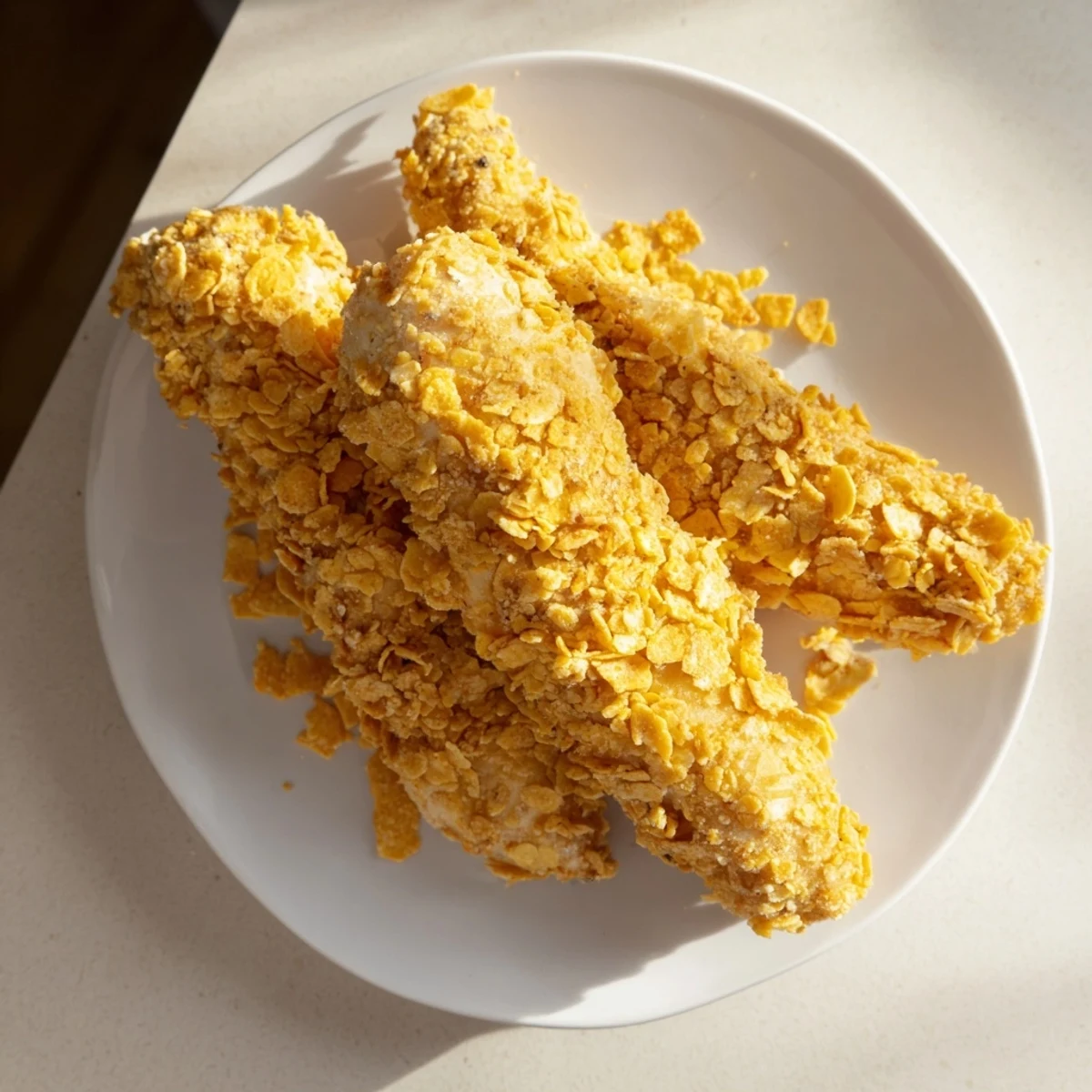 Golden, crispy onion chip chicken tenders ready to serve with ranch dressing, a delicious family meal.