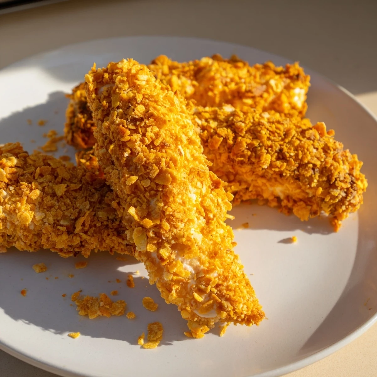 Close-up of baked onion chip chicken tenders, a flavorful, crunchy, and kid-friendly main course.