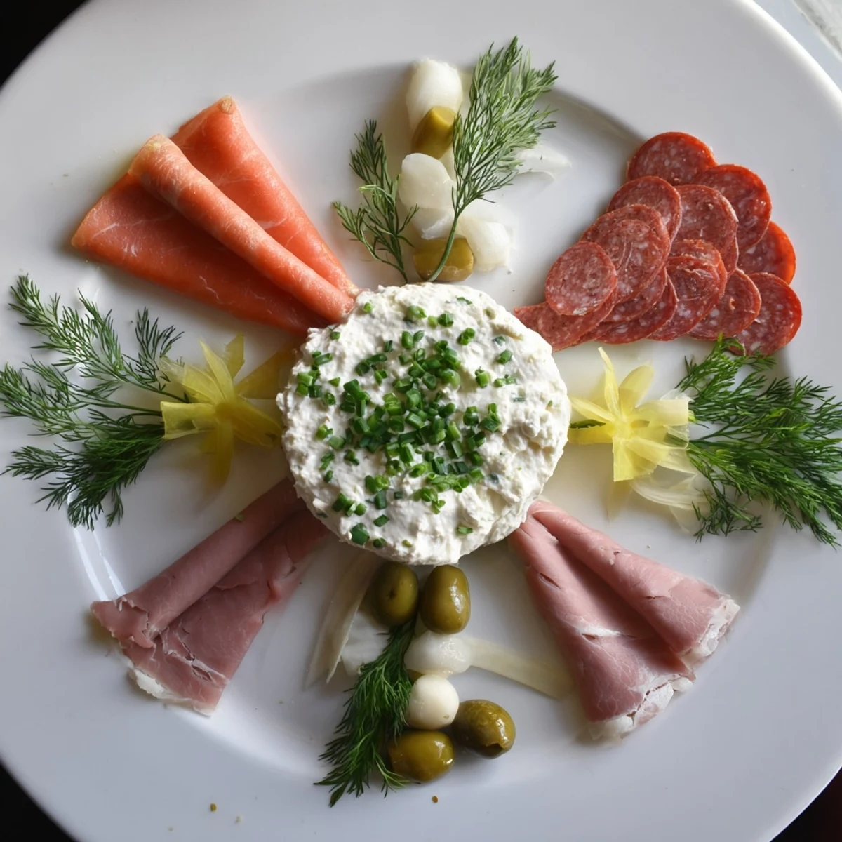 This stunning Compass Rose features savory meats fanned around a vibrant, creamy central dip.