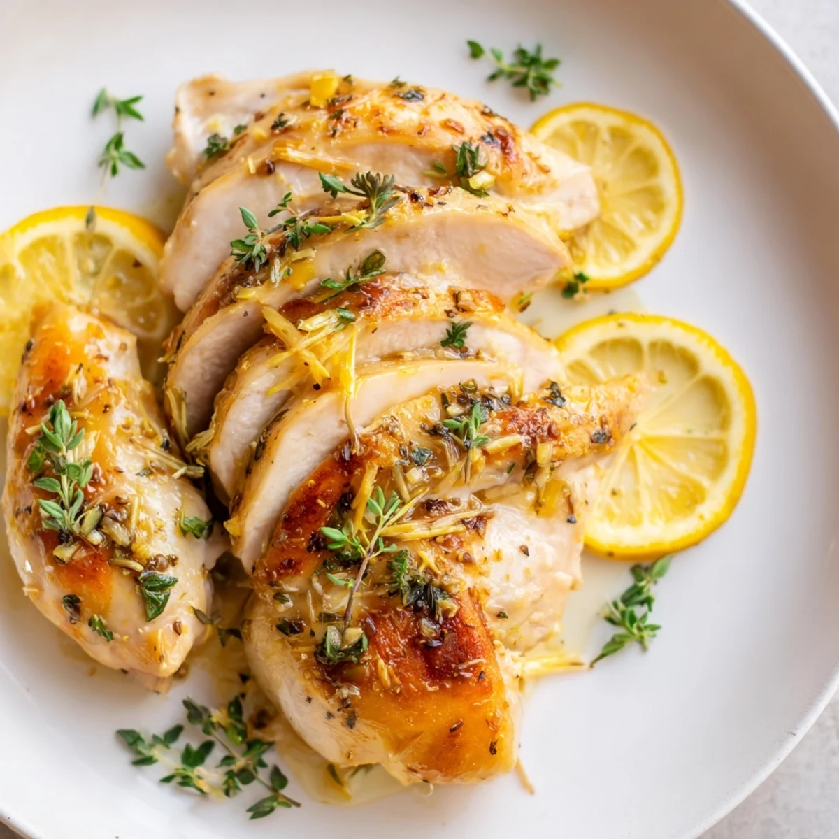 Golden brown Greek Lemon Herb Chicken, ready to serve with fresh lemon wedges for a bright, zesty meal.