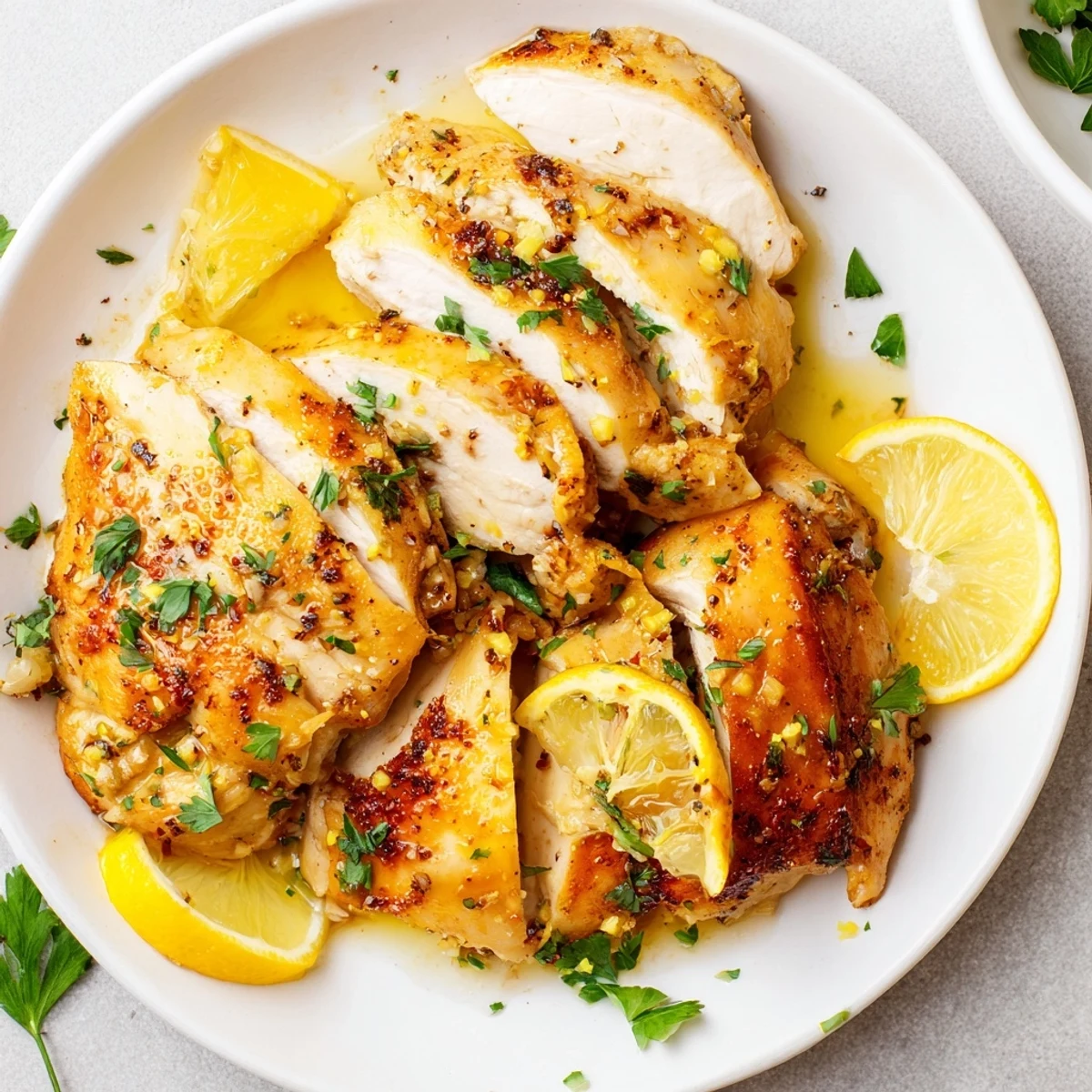 Close-up of baked Greek Lemon Herb Chicken, glistening with olive oil and fragrant herbs, offering a flavorful aroma.