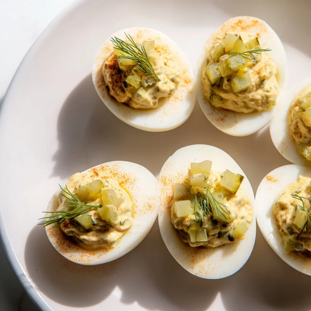 Creamy Dill Pickle Deviled Eggs garnished with fresh dill, ready to eat at a picnic.